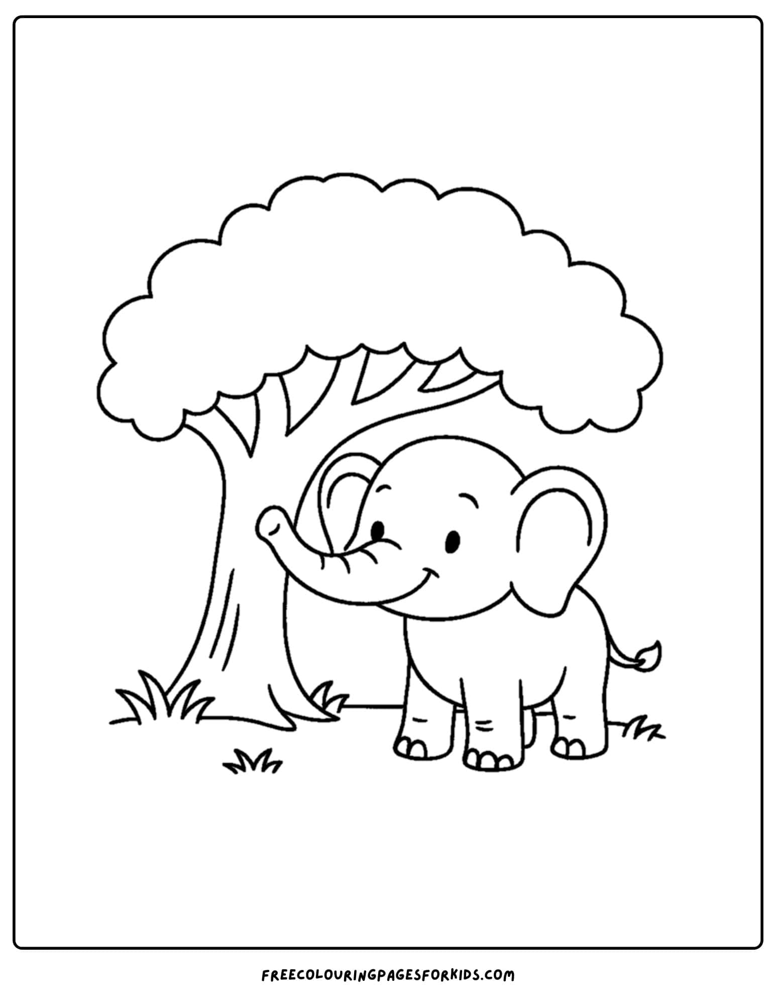an elephant themed coloring page featuring an elephant standing under a tree in the shade