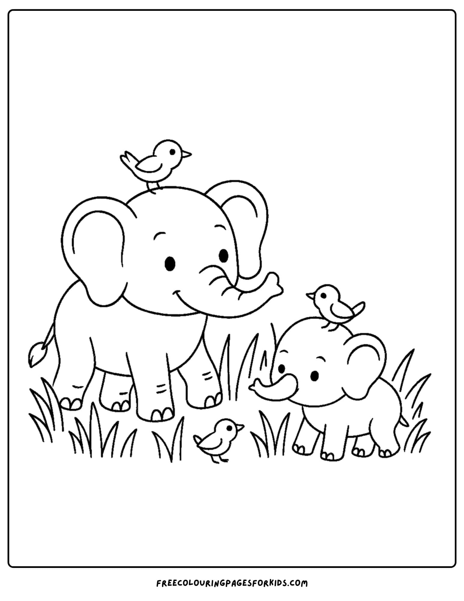 an elephant themed coloring page featuring an elephant walking in a grass field with birds