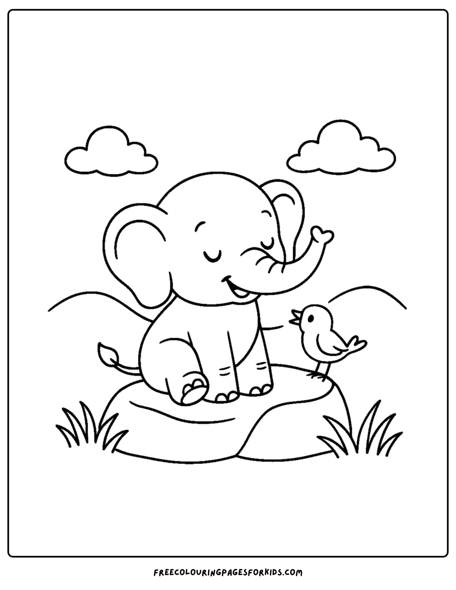 an elephant themed coloring page featuring an elephant sitting on a rock with a bird