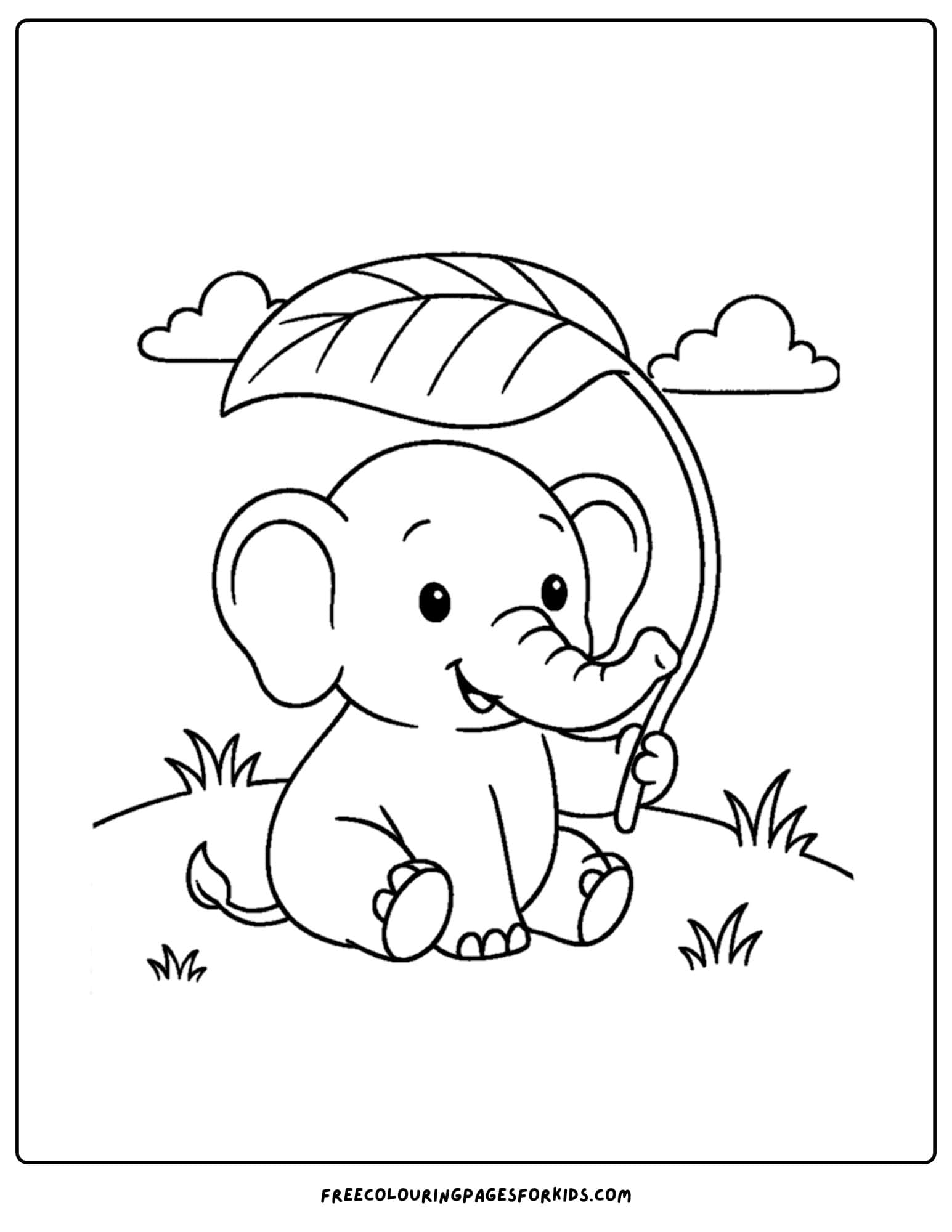 an elephant themed coloring page featuring an elephant using a leaf as an umbrella