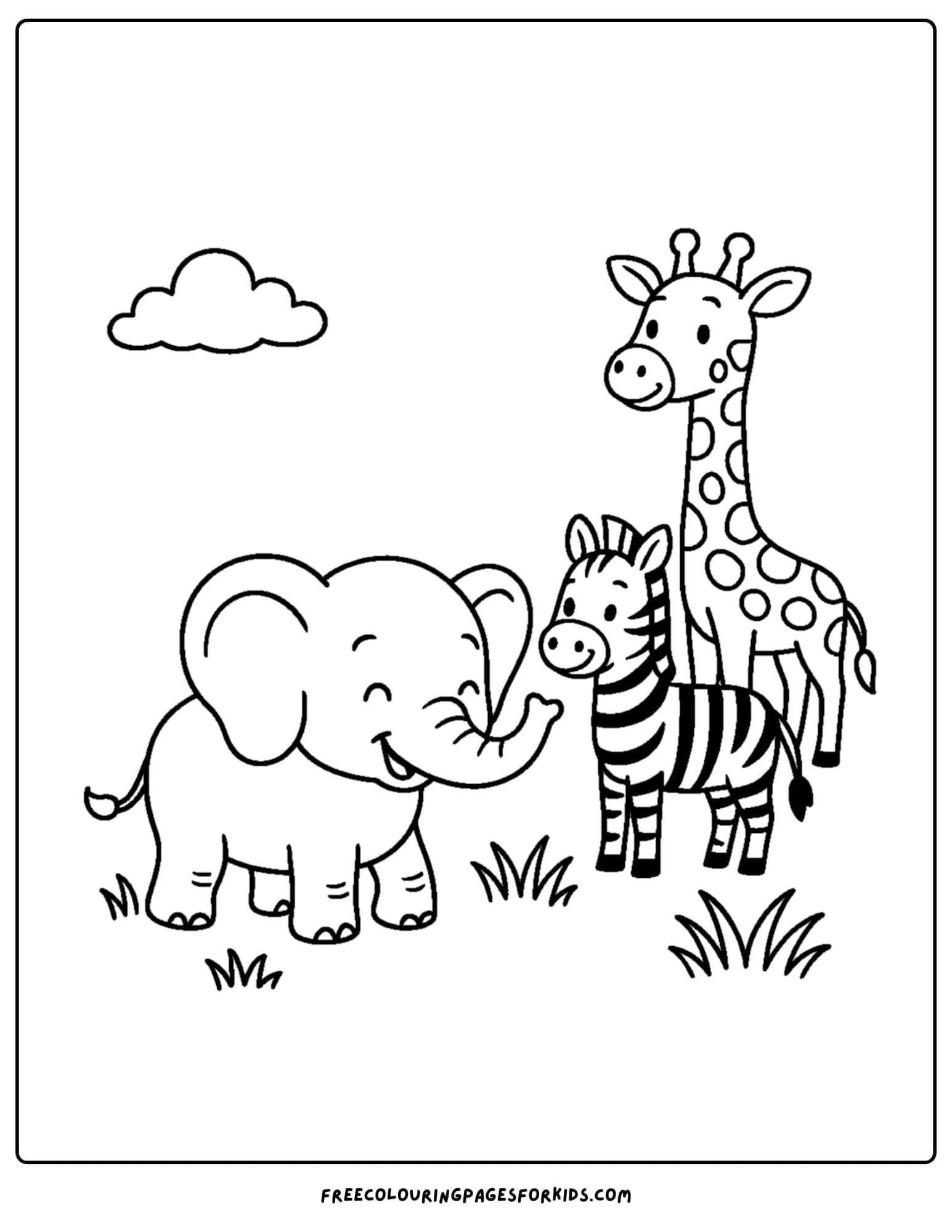 an elephant themed coloring page featuring an elephant with a giraffe and zebra