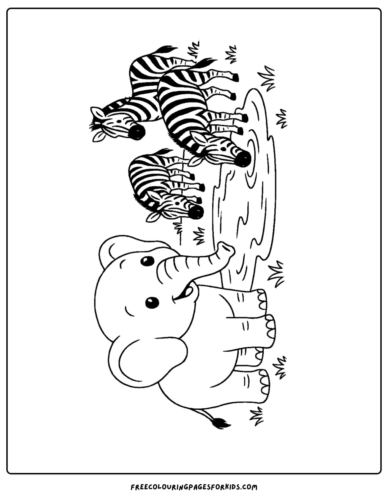 an elephant themed coloring page featuring an elephant with zebras at a wateringhole