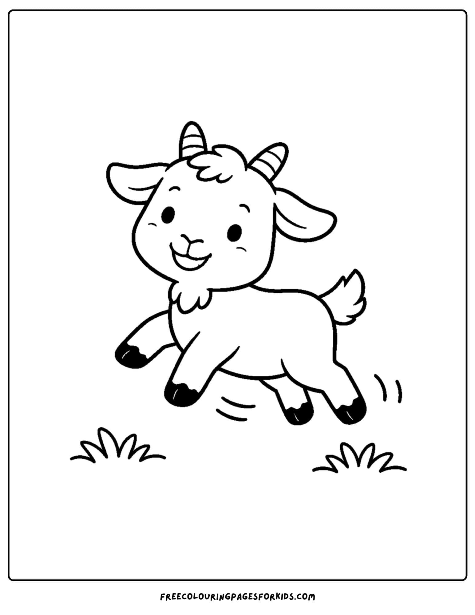a kids coloring page featuring a goat jumping in a field