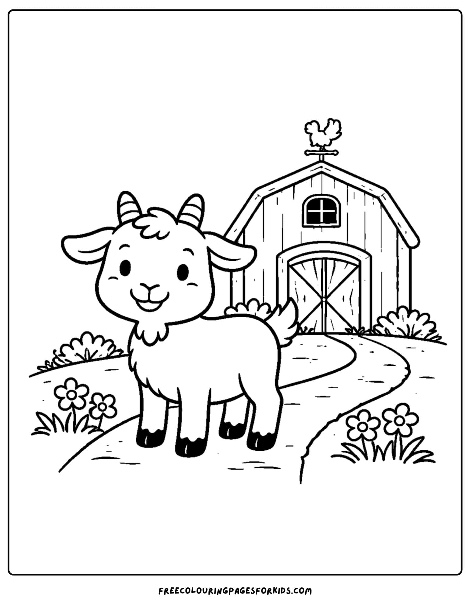 a kids coloring page featuring a goat standing in front of a big barn