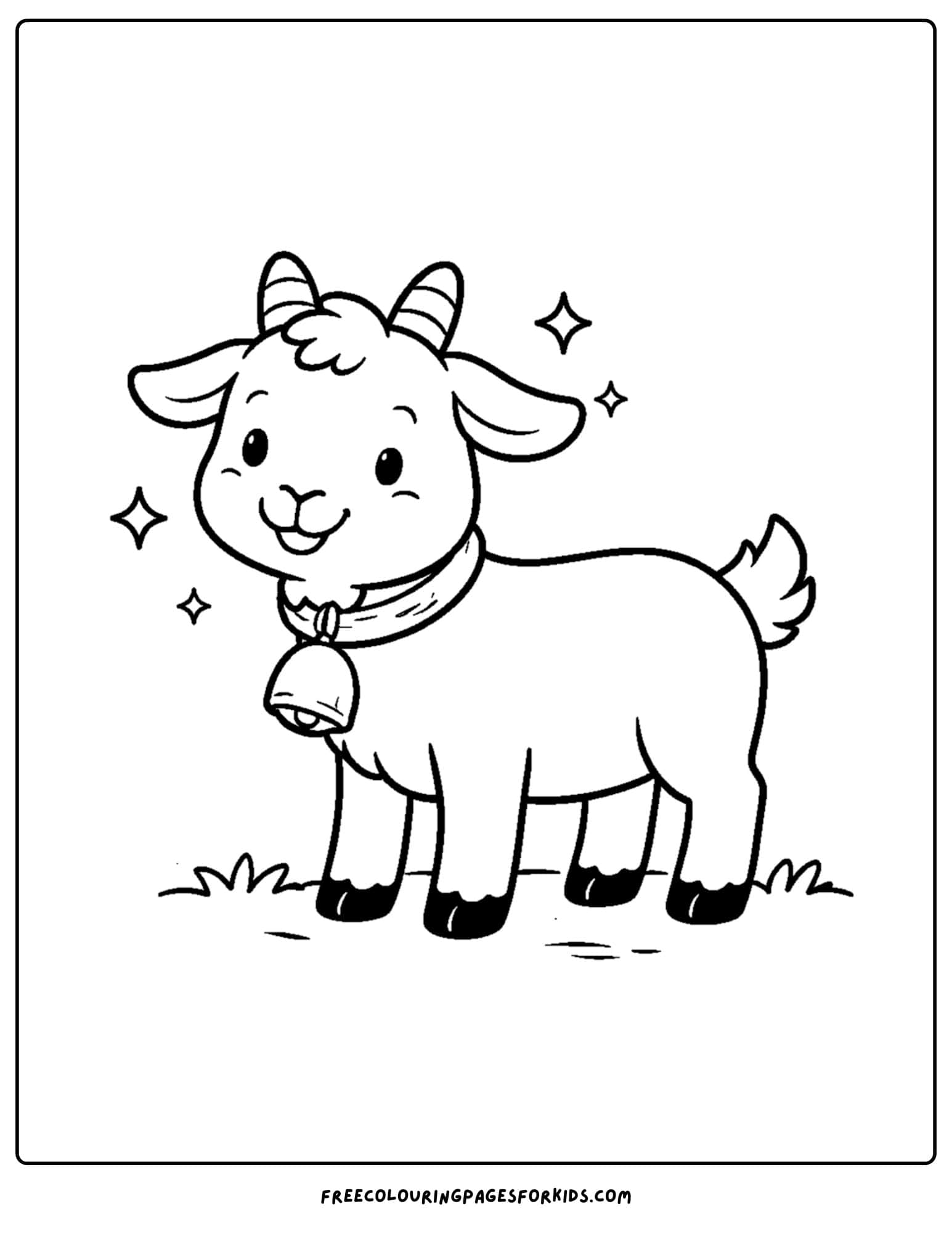 a kids coloring page featuring a goat wearing a collar with a bell