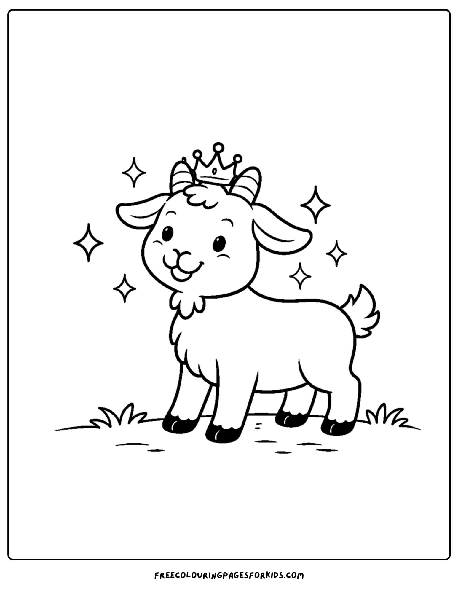 a kids coloring page featuring a goat wearing a crown