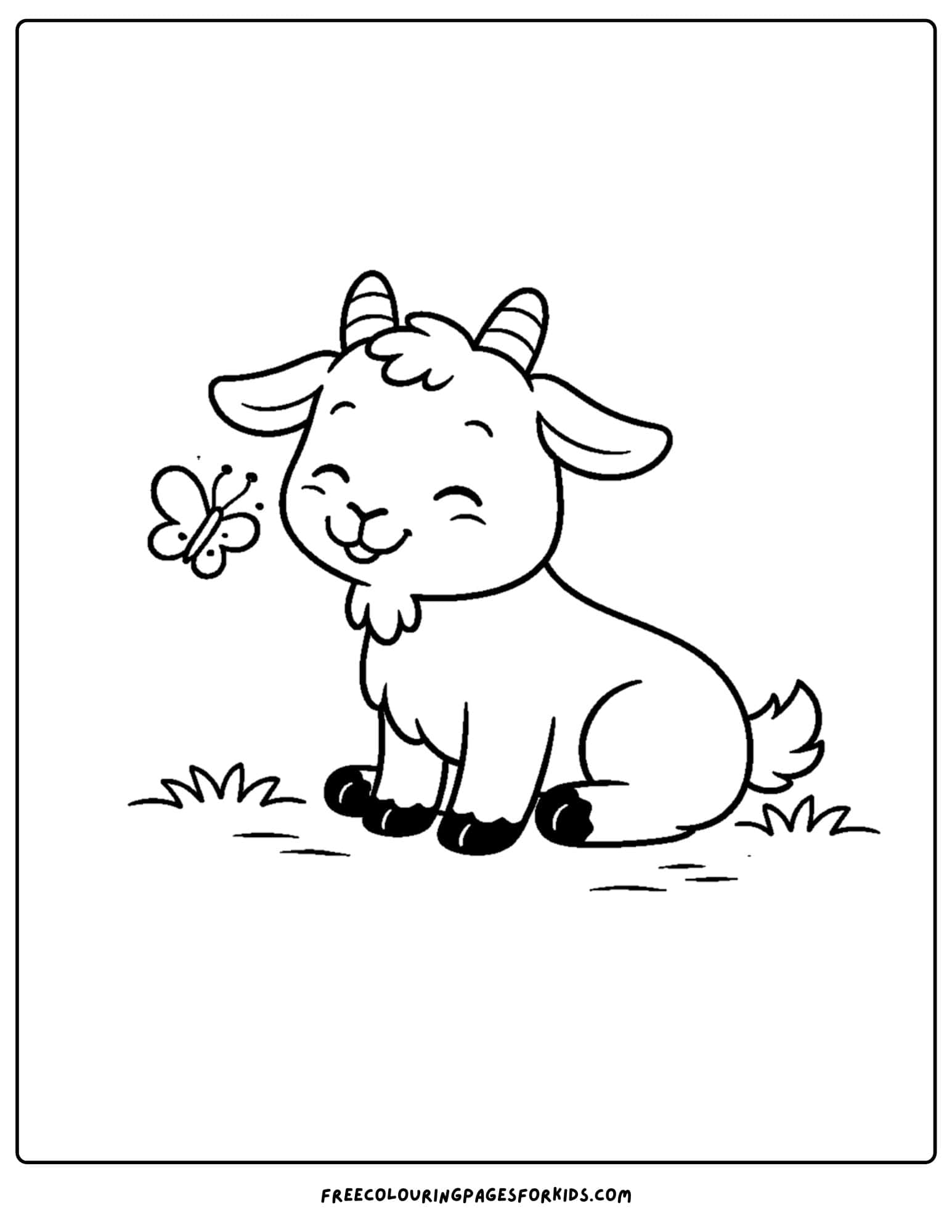 a kids coloring page featuring a goat and a butterfly