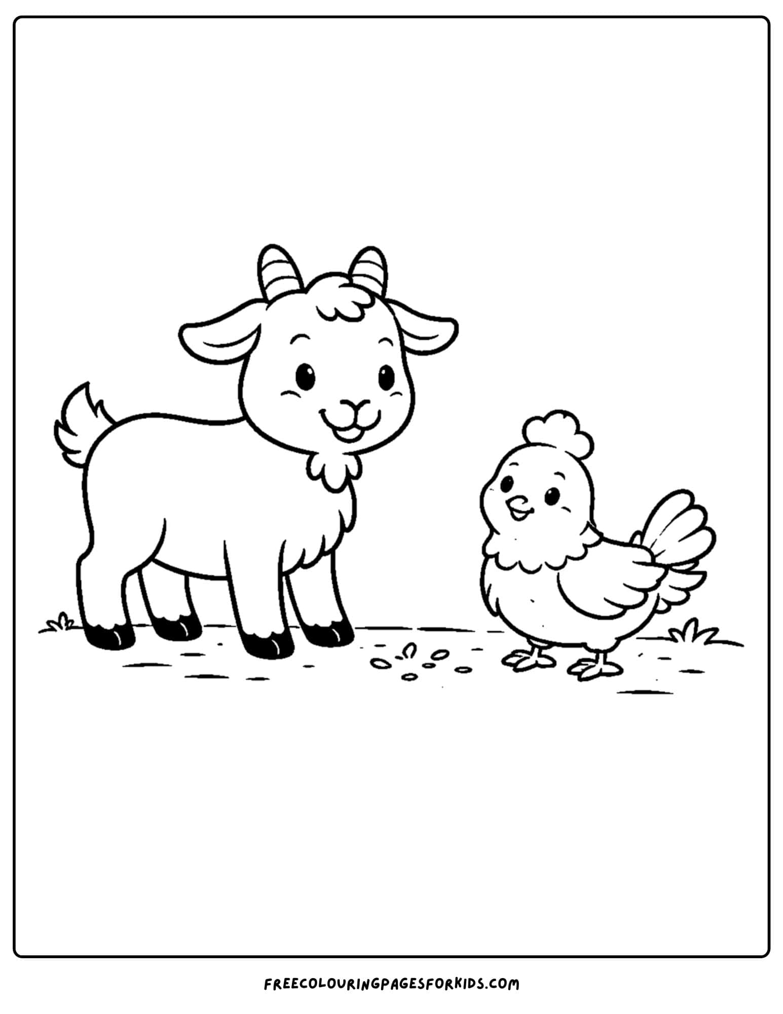 a kids coloring page featuring a goat and a chicken