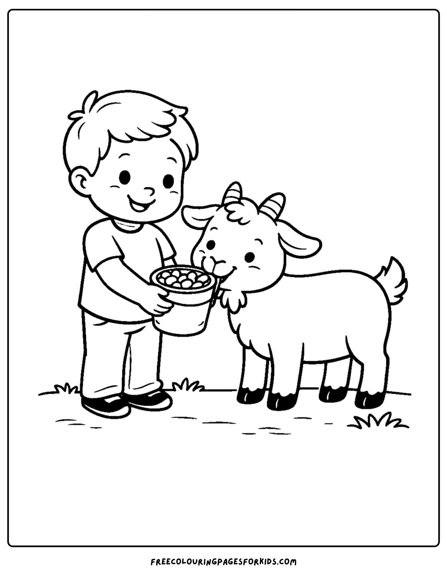 a kids coloring page featuring a goat being. fed from a bucket by a child