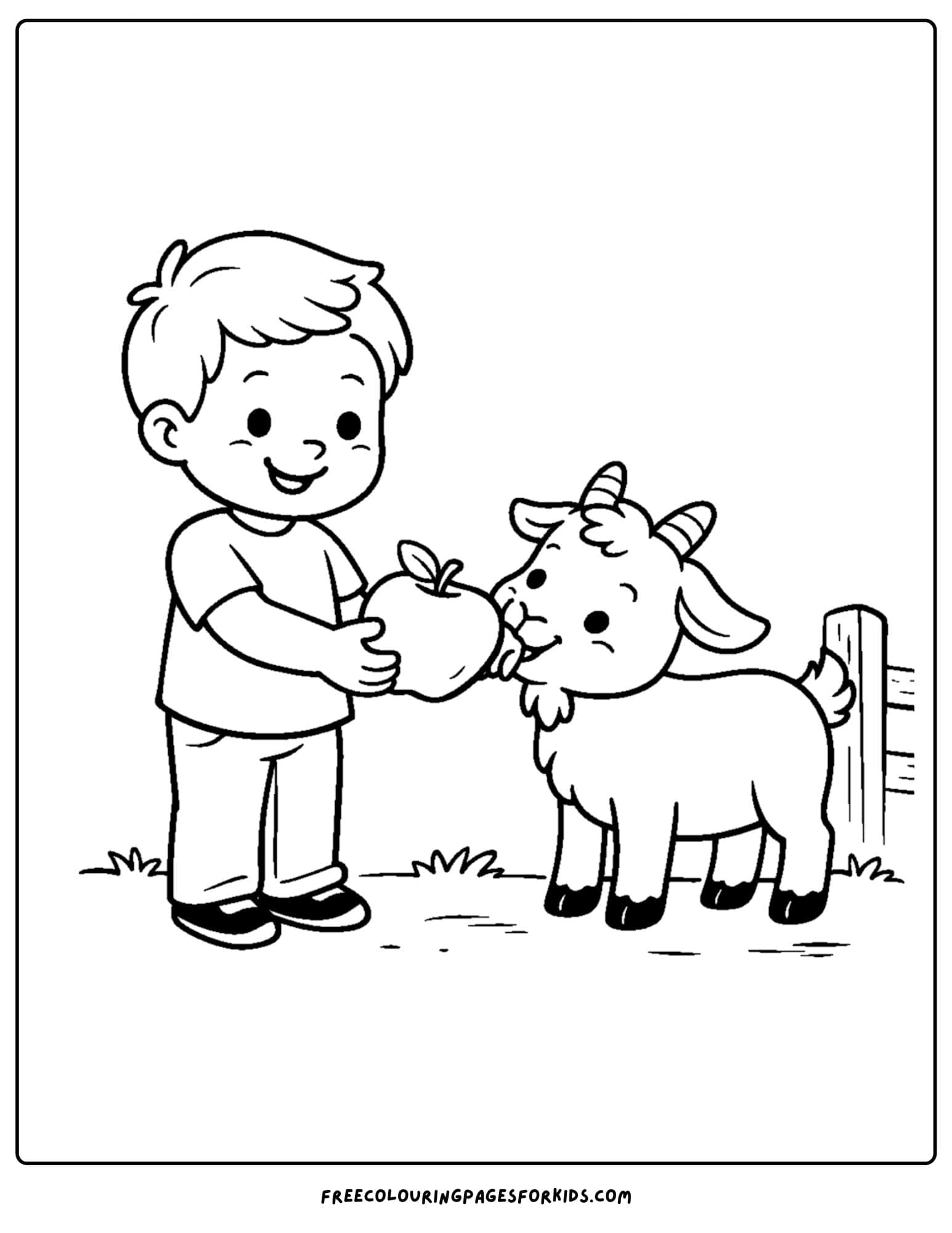 a kids coloring page featuring a goat getting. given an apple to eat from a kid