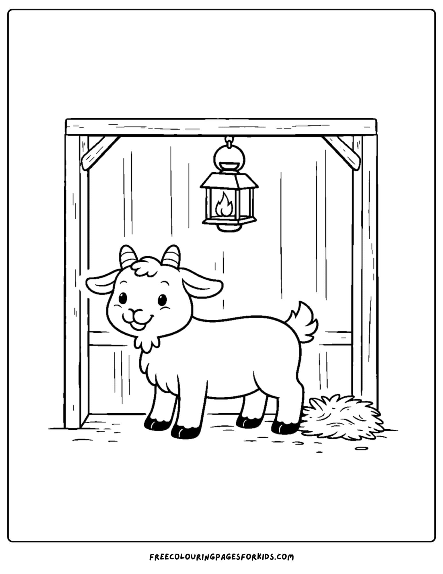 a kids coloring page featuring a goat standing under a lantern in a barn