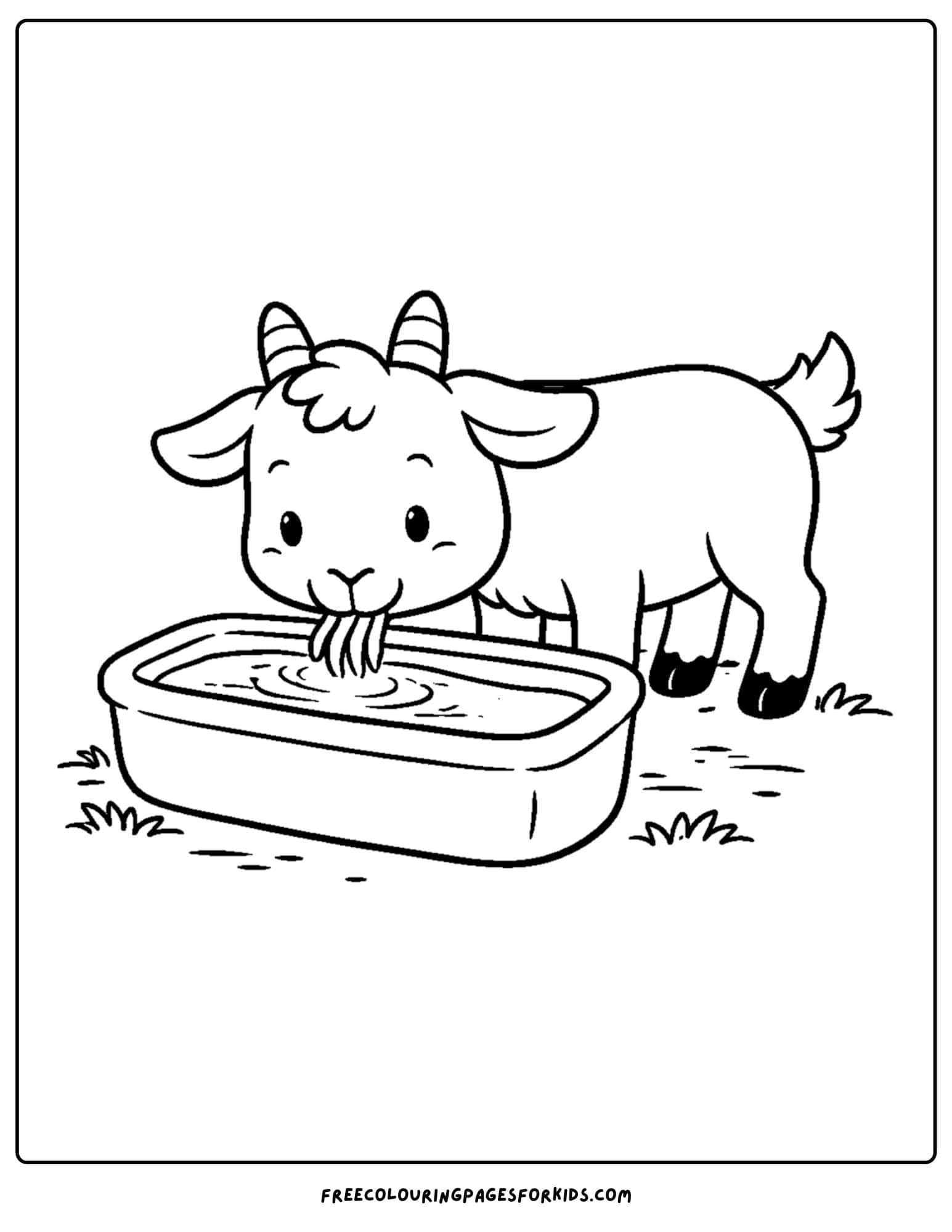 a kids coloring page featuring a goat drinking from a water trough