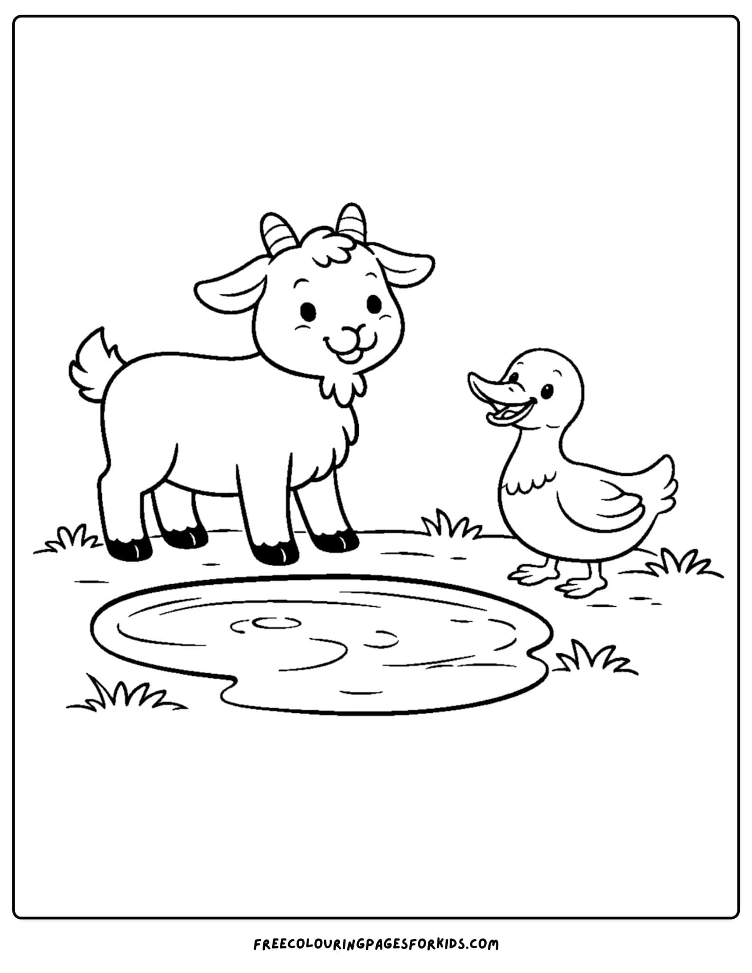 a kids coloring page featuring a goat and a duck beside a puddle