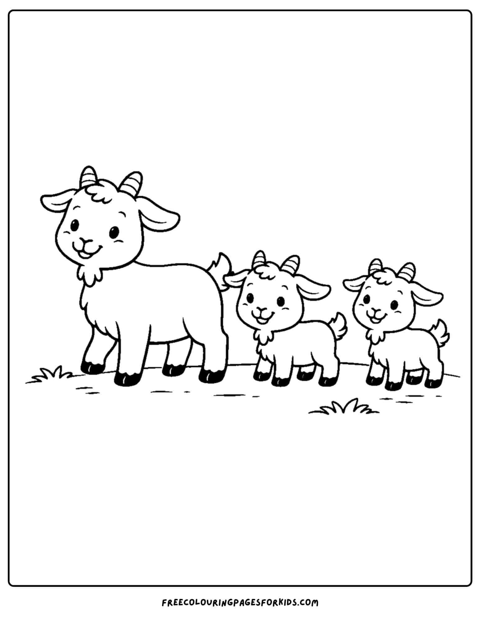 a kids coloring page featuring a goat family walking
