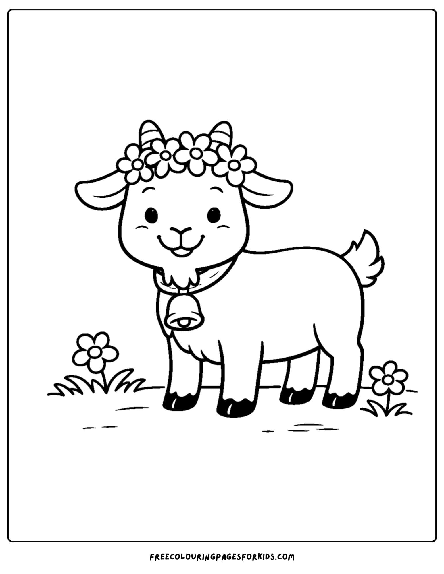 a kids coloring page featuring a goat wearing a flower crown