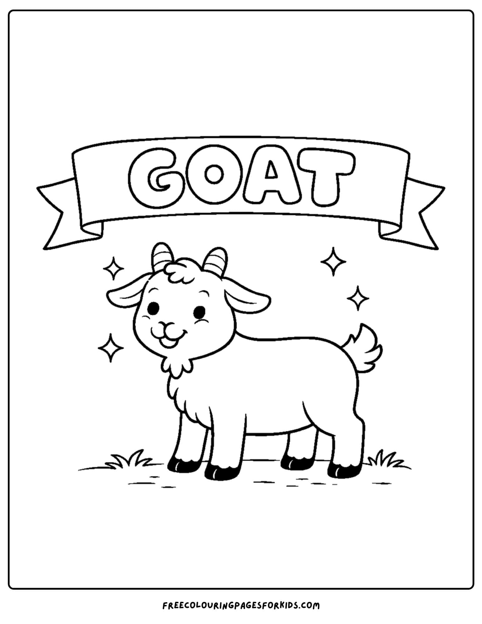 a kids coloring page featuring a goat standing with a sign saying goat above it