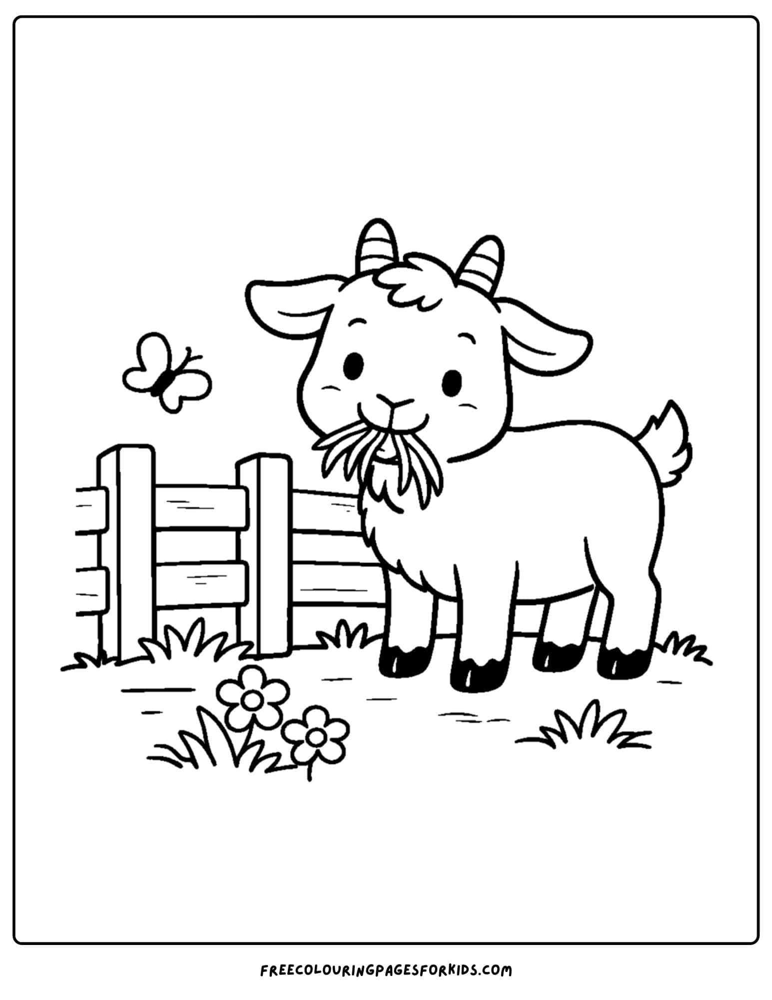 a kids coloring page featuring a goat grazing next to a fence