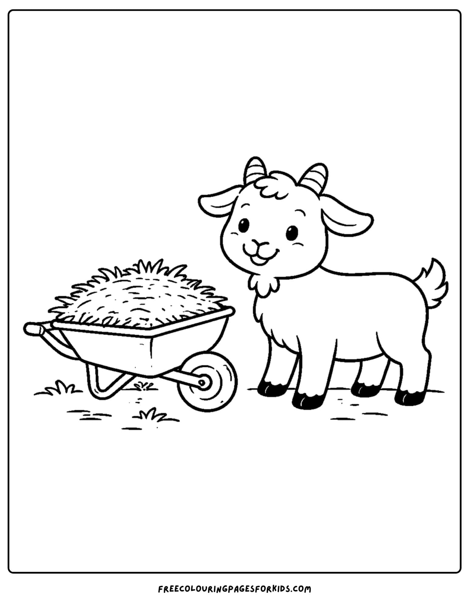 a kids coloring page featuring a goat standing next to a wheelbarrow full of straw