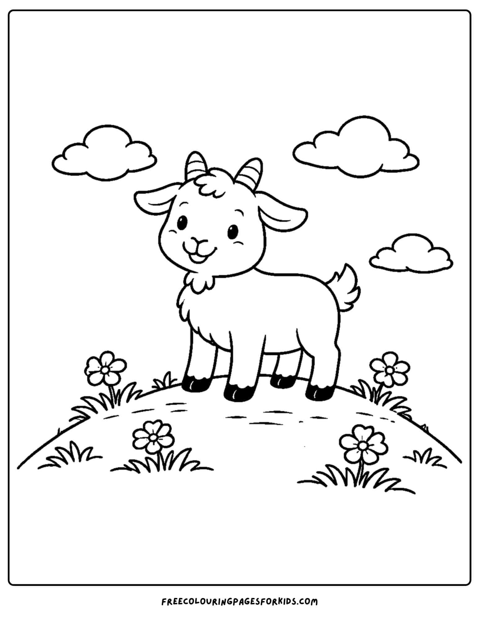 a kids coloring page featuring a goat standing on a hill with flowers