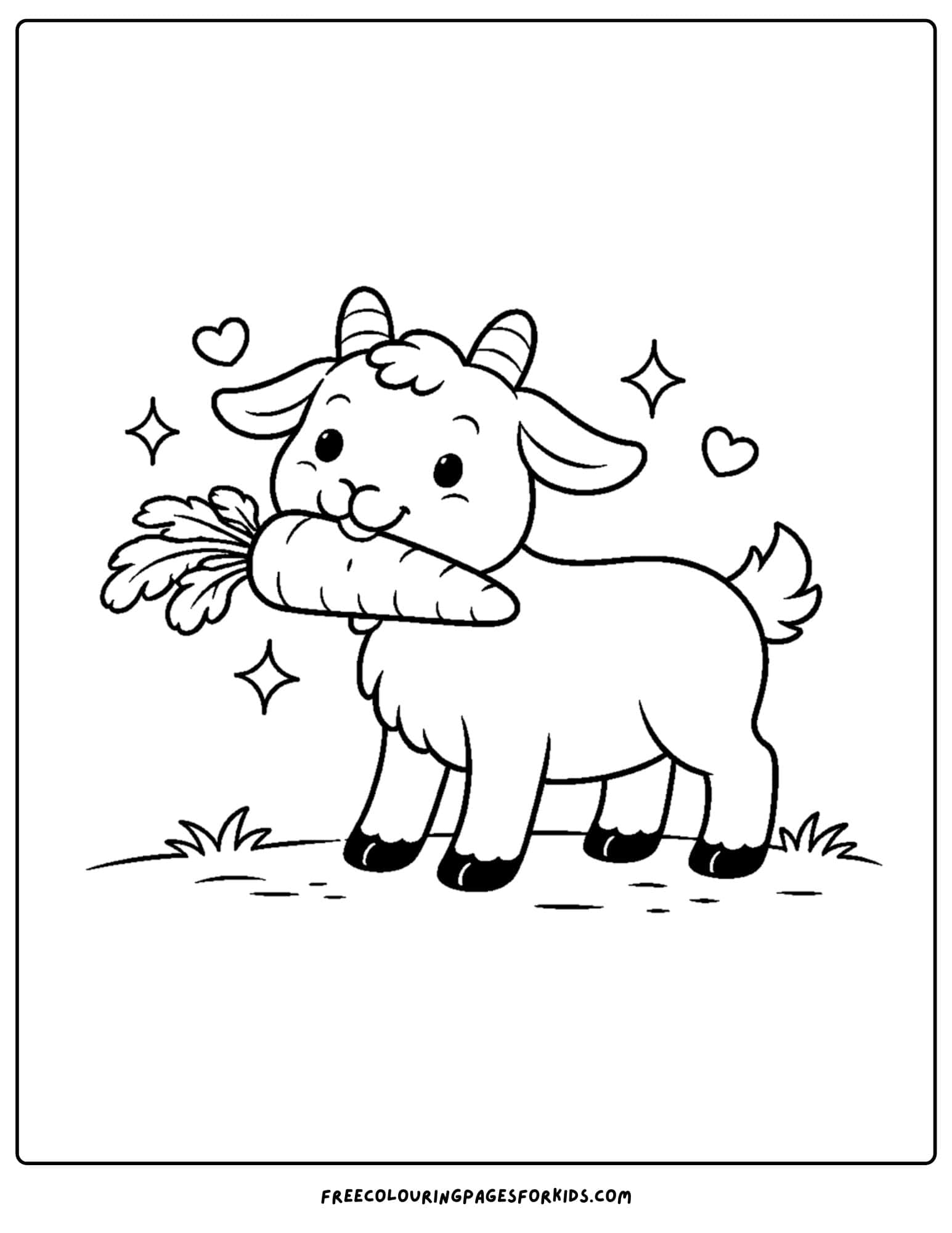 a kids coloring page featuring a goat eating a big carrot