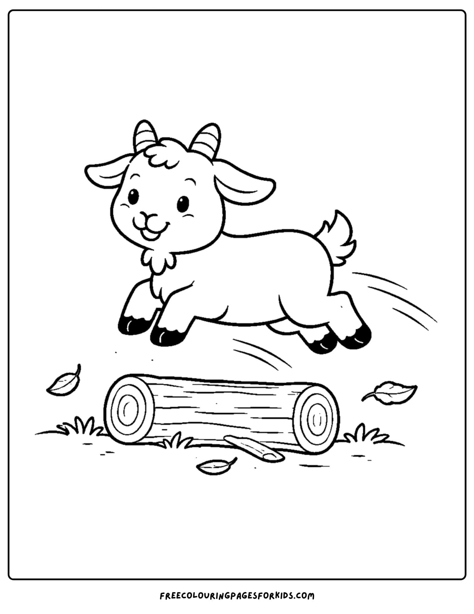 a kids coloring page featuring a goat jumping over a log