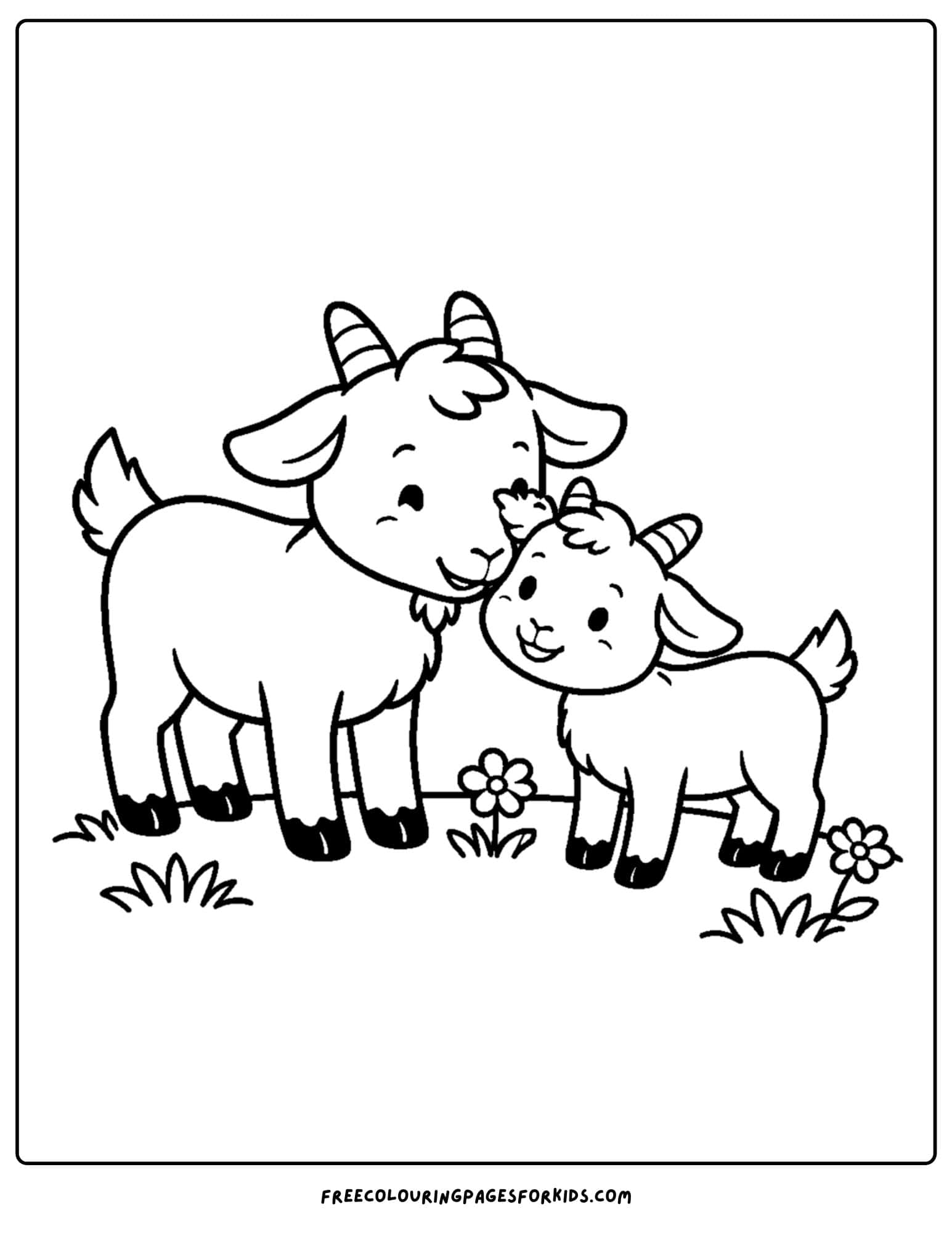 a kids coloring page featuring a goat nuzzling its baby