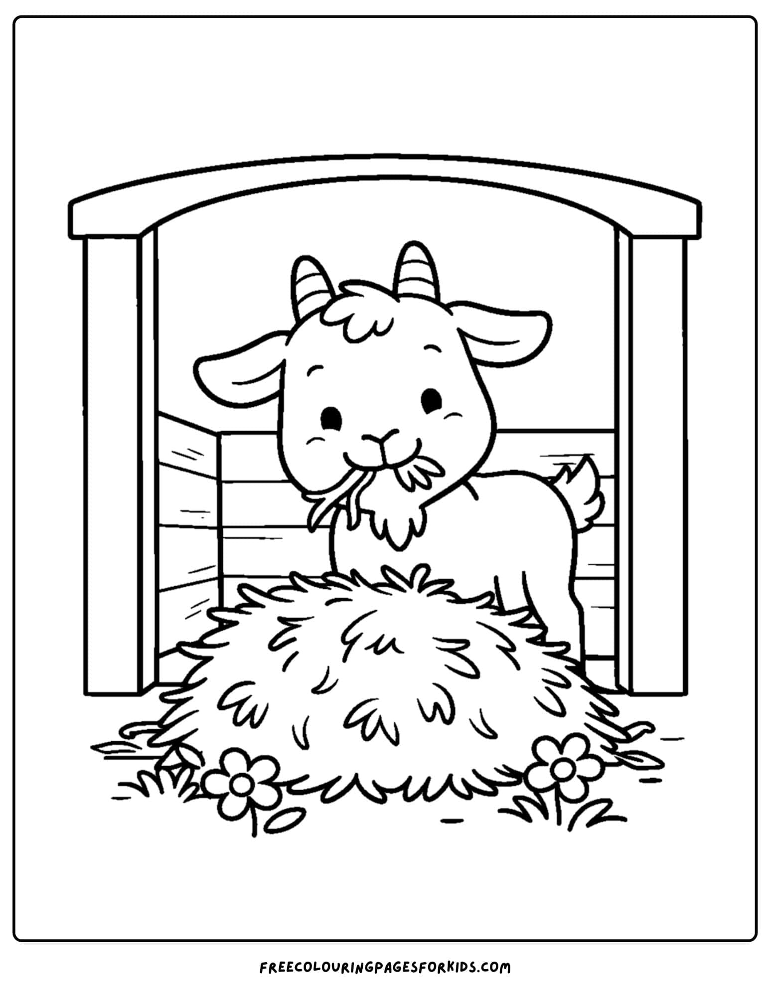 a kids coloring page featuring a goat munching on hay in a barn