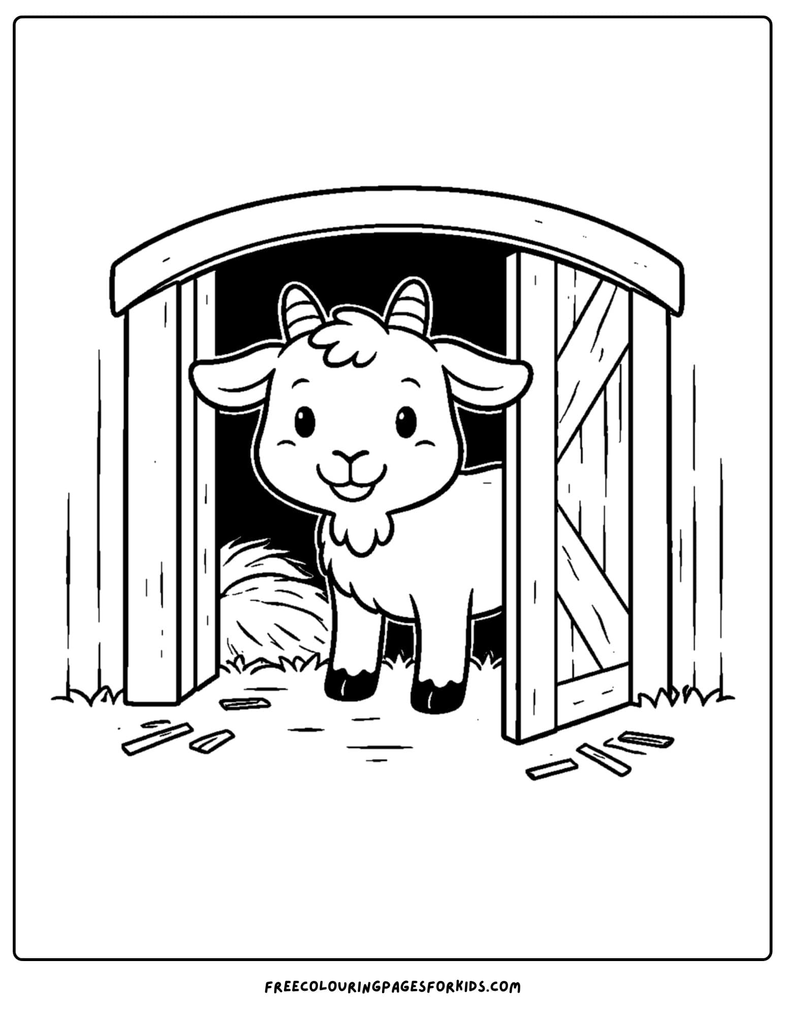 a kids coloring page featuring a goat standing in the doorway of a barn