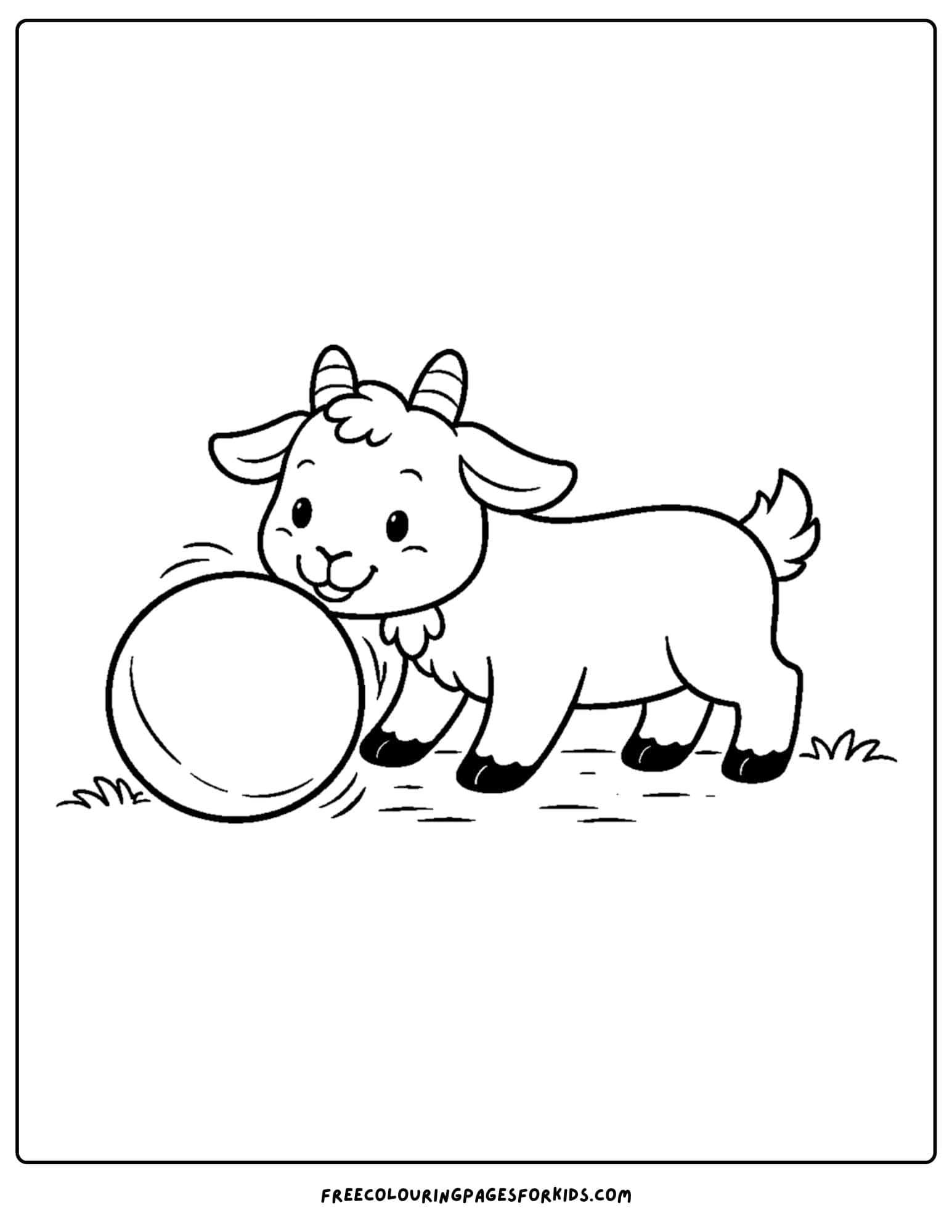 a kids coloring page featuring a goat pushing along a ball