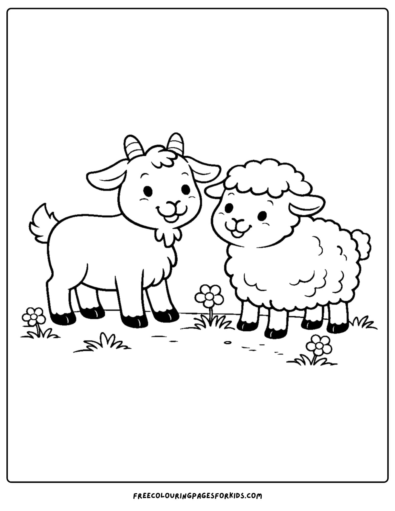 a kids coloring page featuring a goat and a sheep in a field