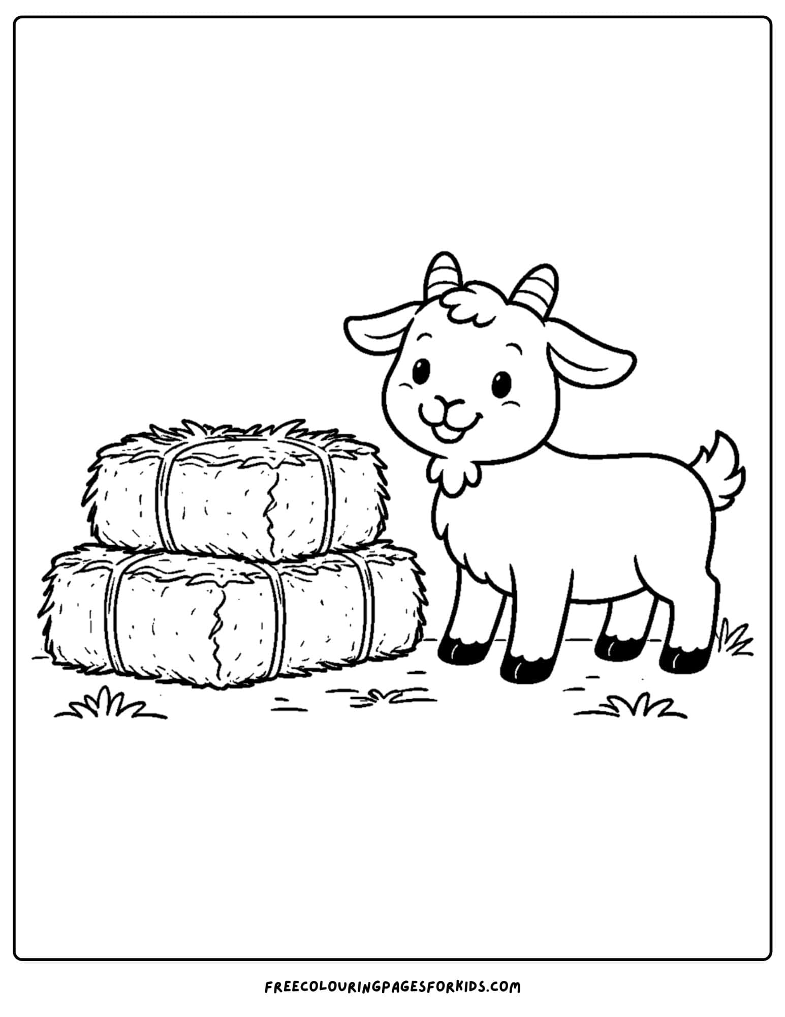 a kids coloring page featuring a goat standing next to a stack of hay bales