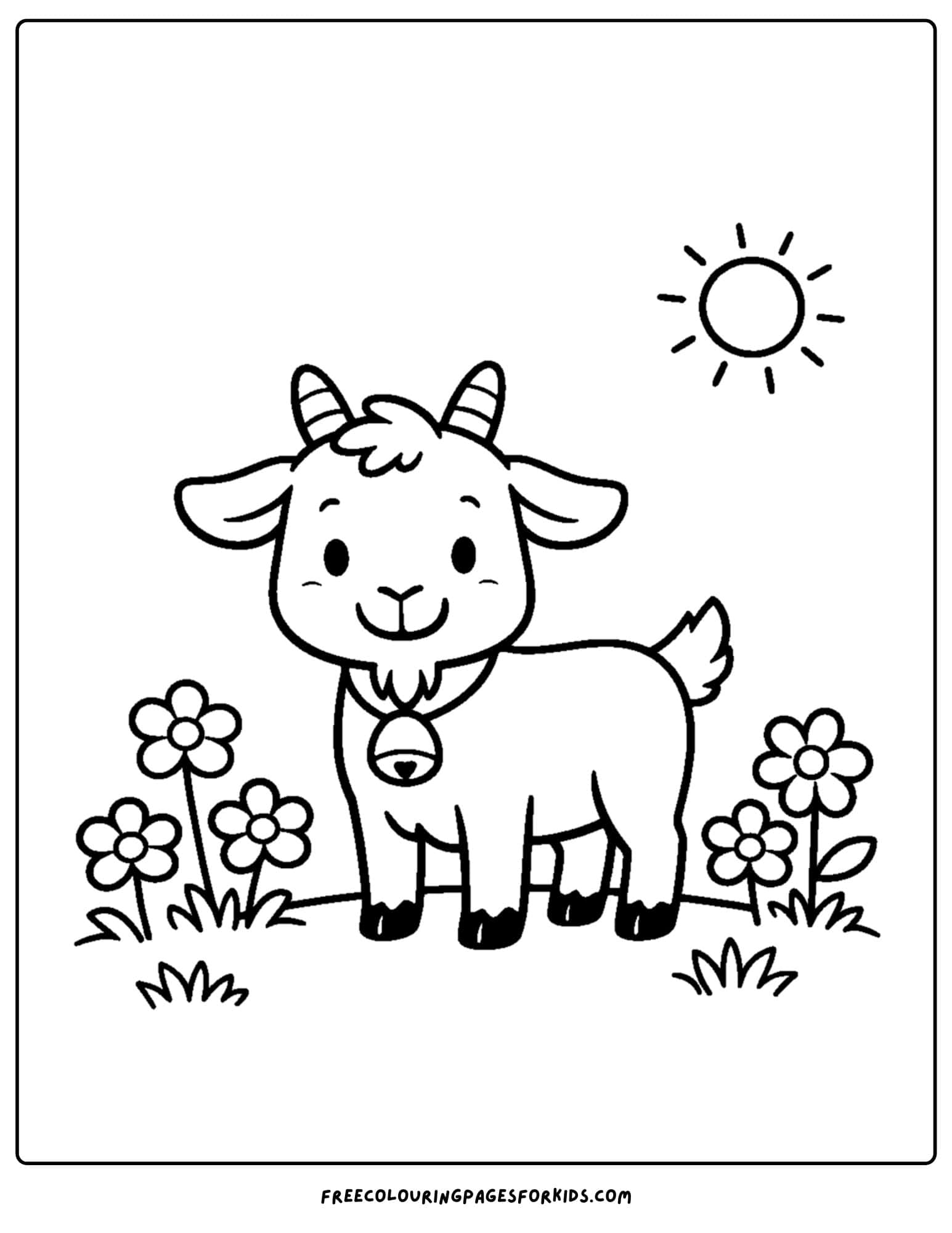 a kids coloring page featuring a goat standing in a sunny meadow