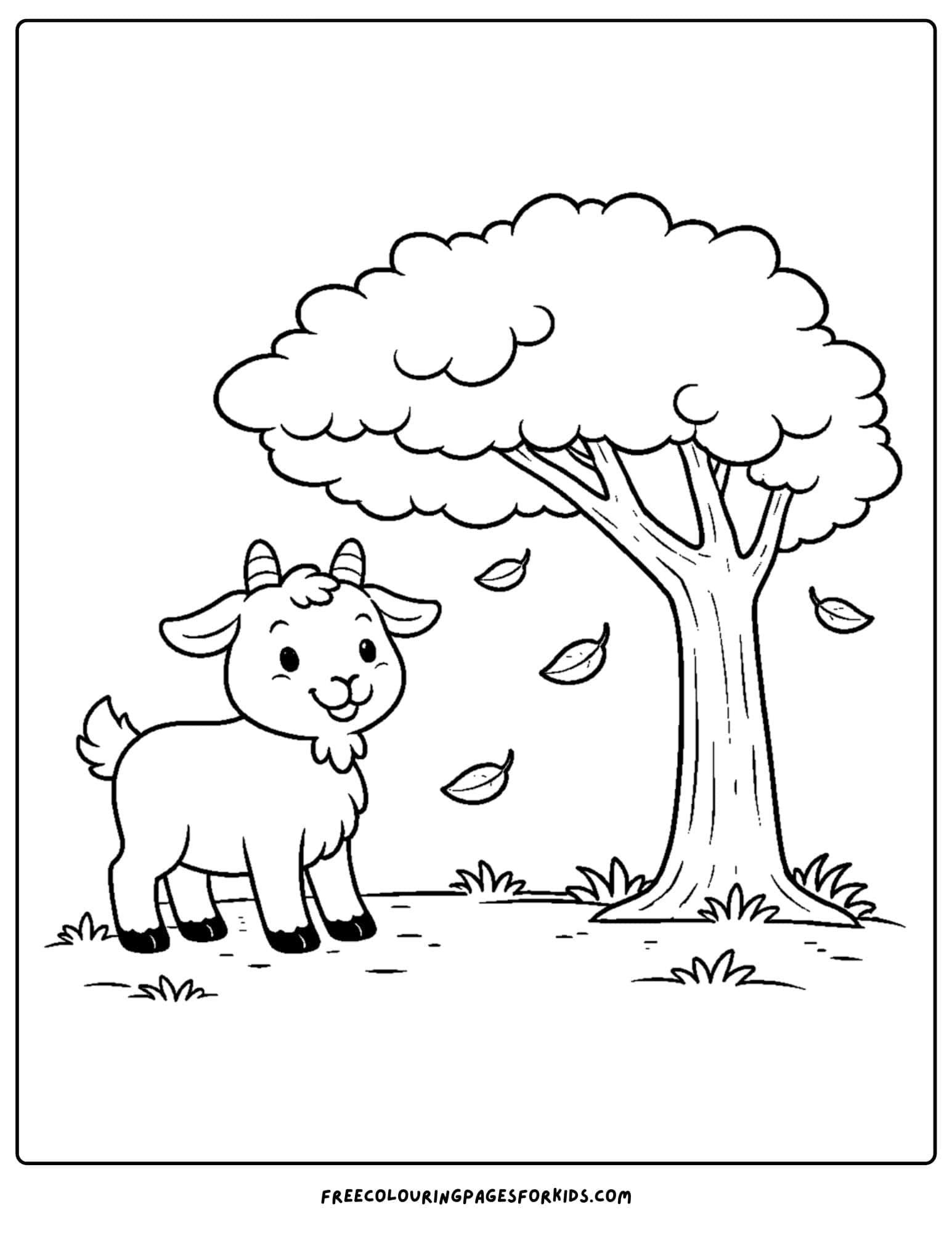 a kids coloring page featuring a goat standing under a tree
