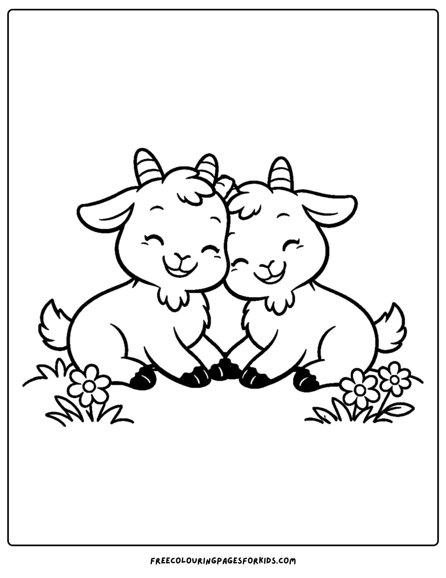 a kids coloring page featuring a goat cuddling with another goat