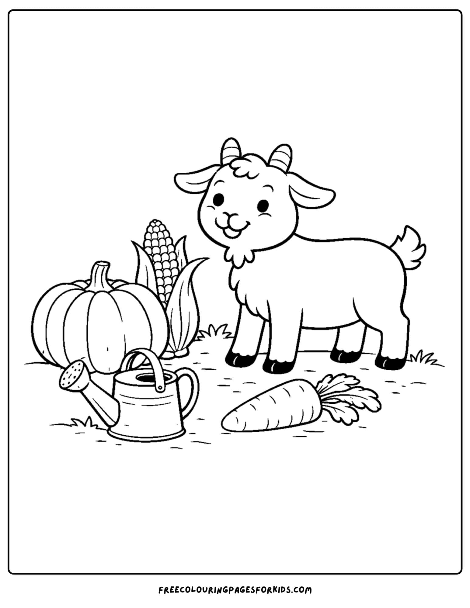 a kids coloring page featuring a goat standing next to some garden vegetables