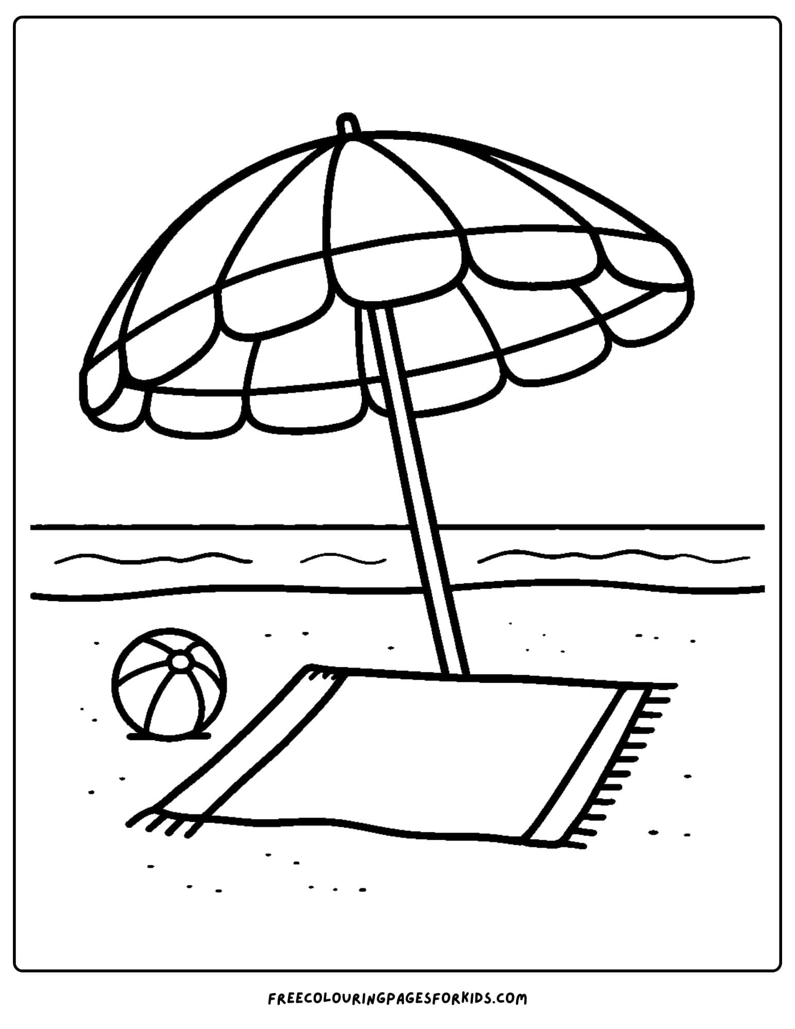 an ocean coloring page featuring an umbrella and towel on the sand