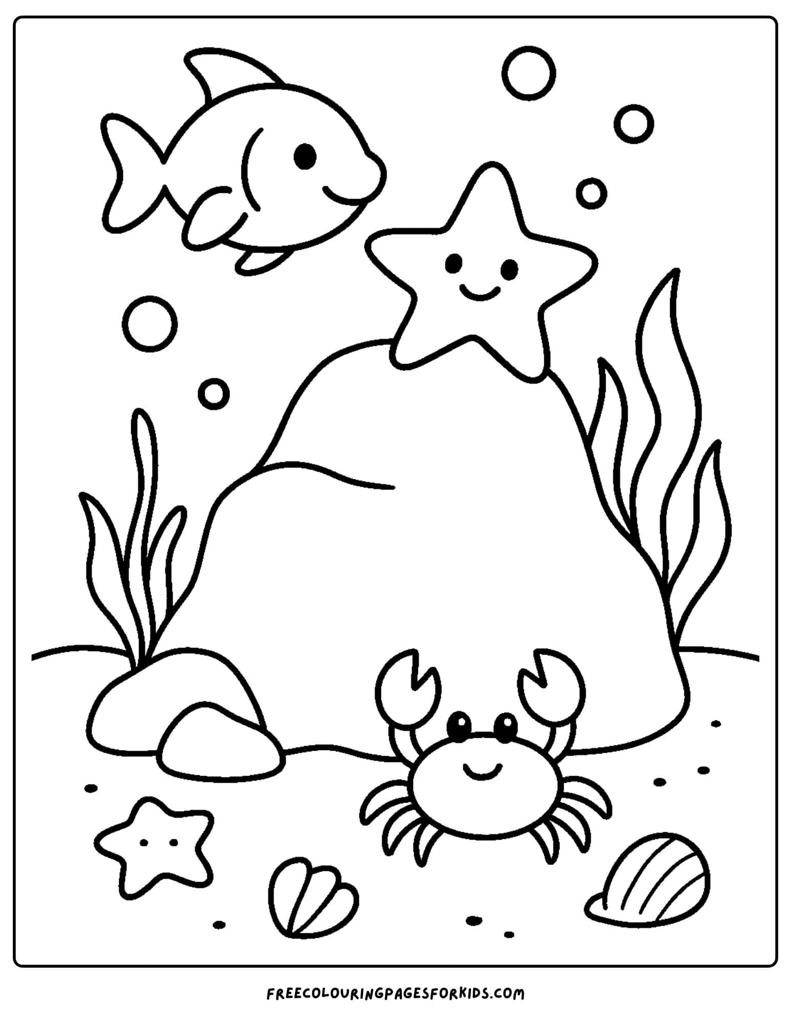 an ocean coloring page featuring a rock under the ocean with marine animals