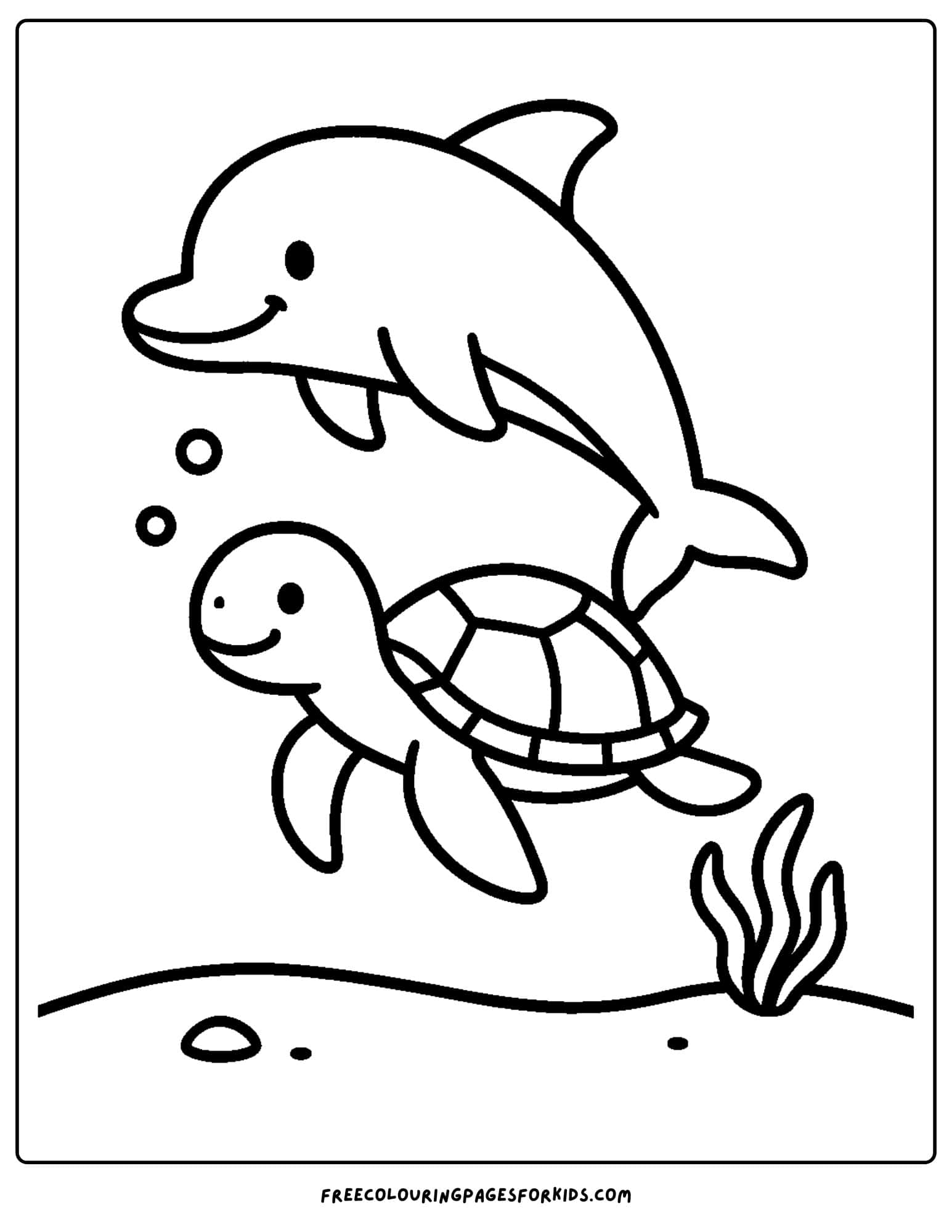 an ocean coloring page featuring a dolphin and a turtle