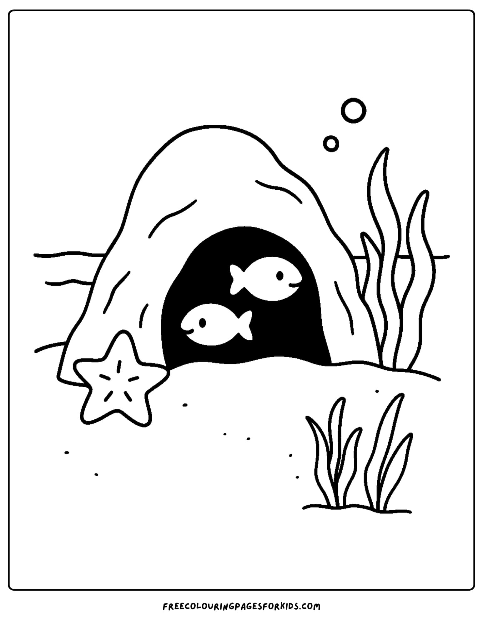 an ocean coloring page featuring fish swimming past an underwater cave