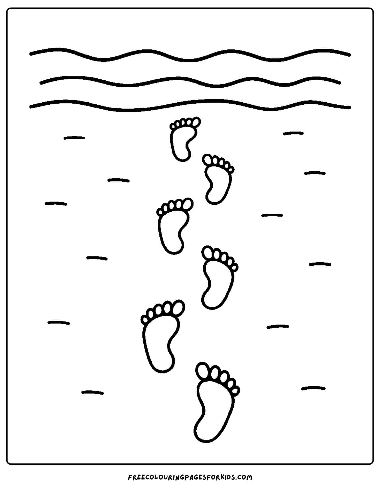 an ocean coloring page featuring footprints in the sand