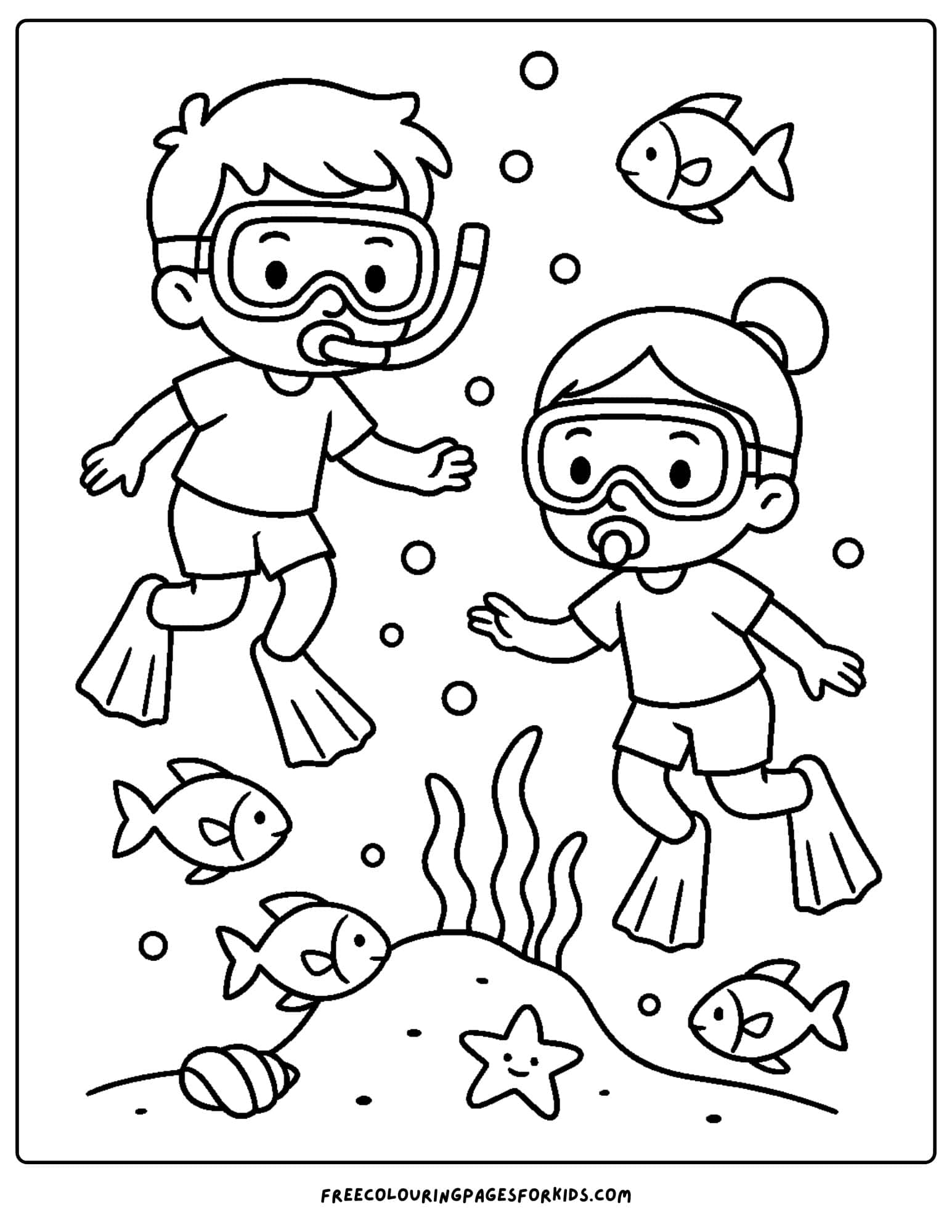 an ocean coloring page featuring kids snorkeling underwater