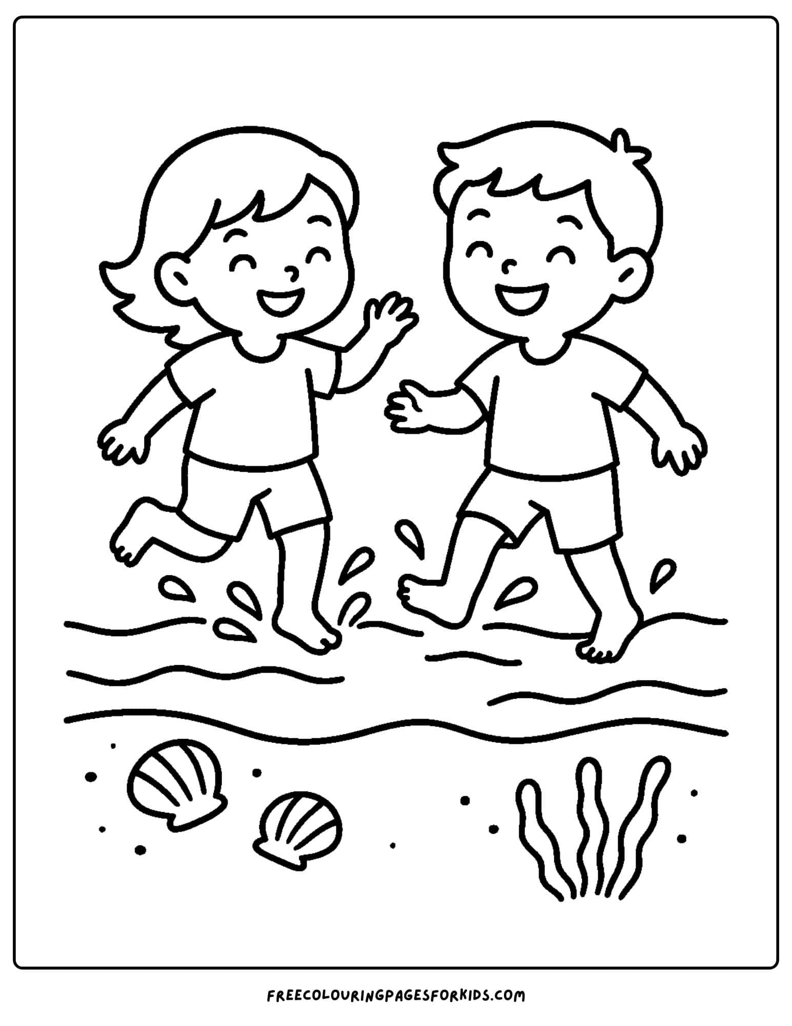 an ocean coloring page featuring kids splashing in the water on the shoreline