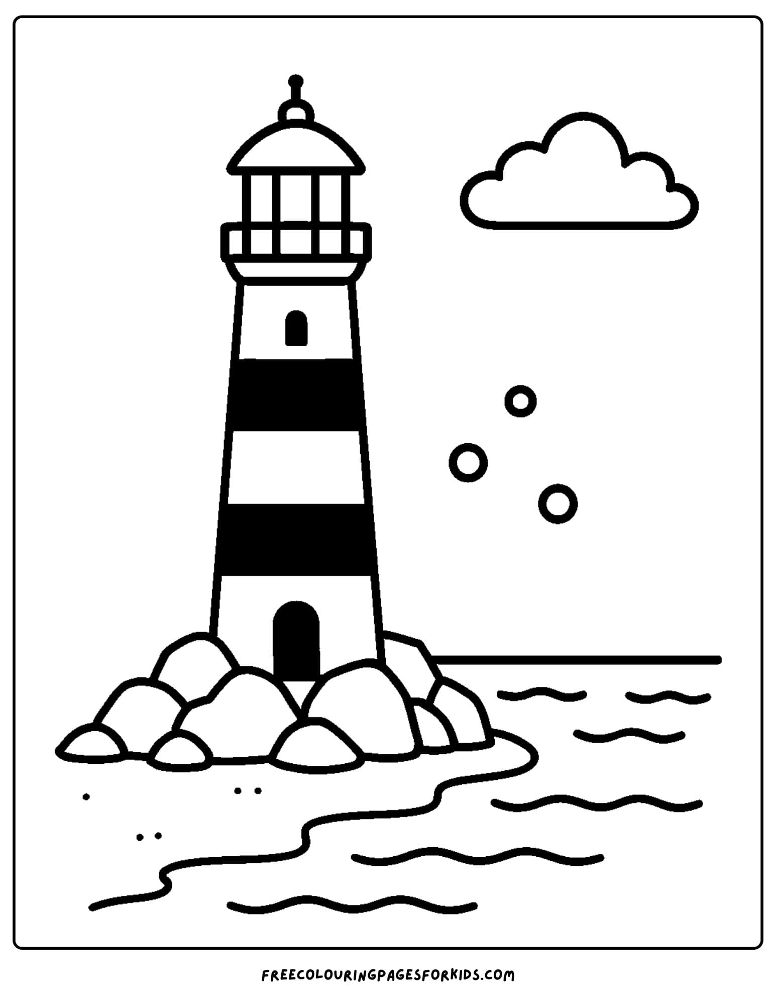 an ocean coloring page featuring a lighthouse on the the foreshore rocks