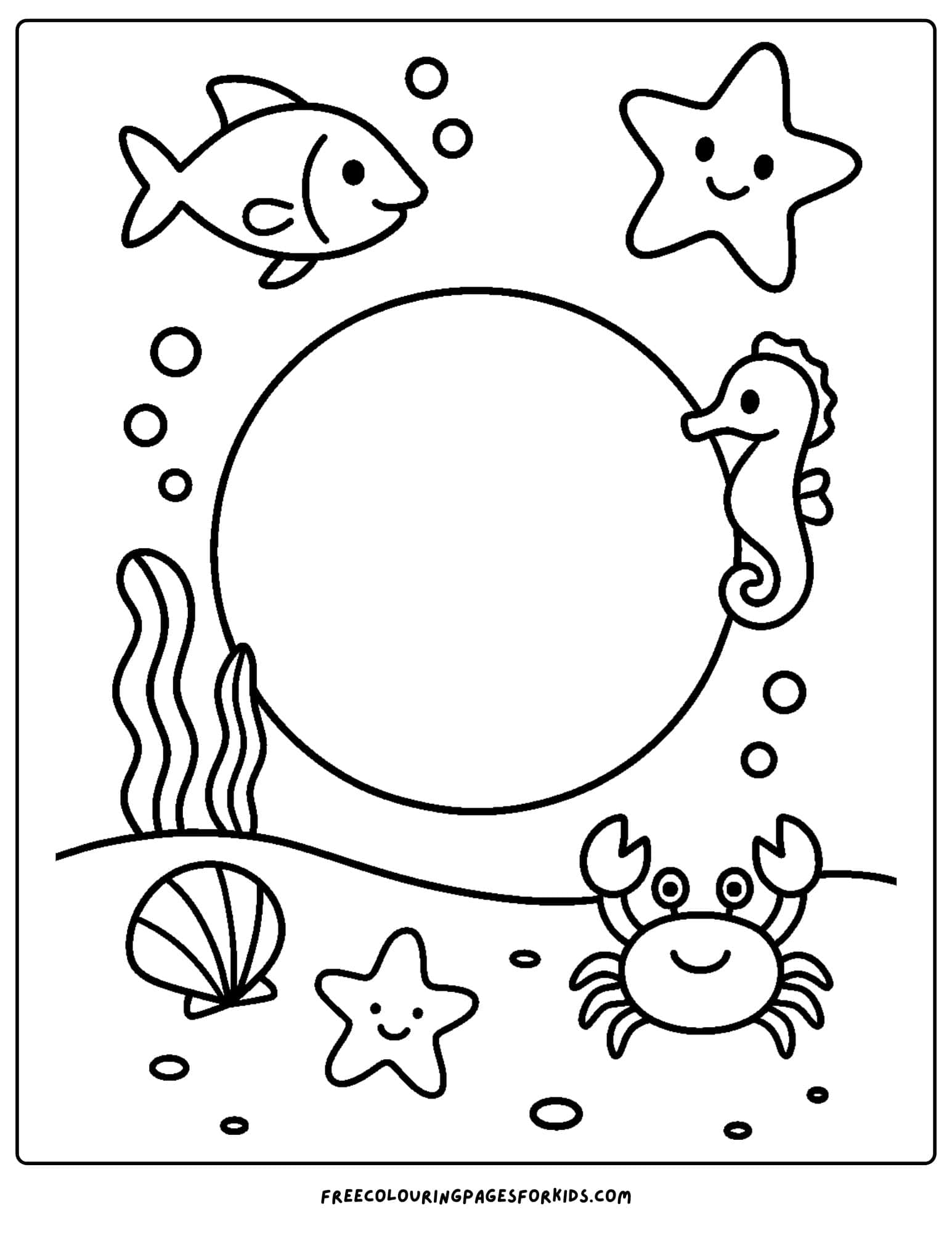 an ocean coloring page featuring a big bubble with ocean creatures around