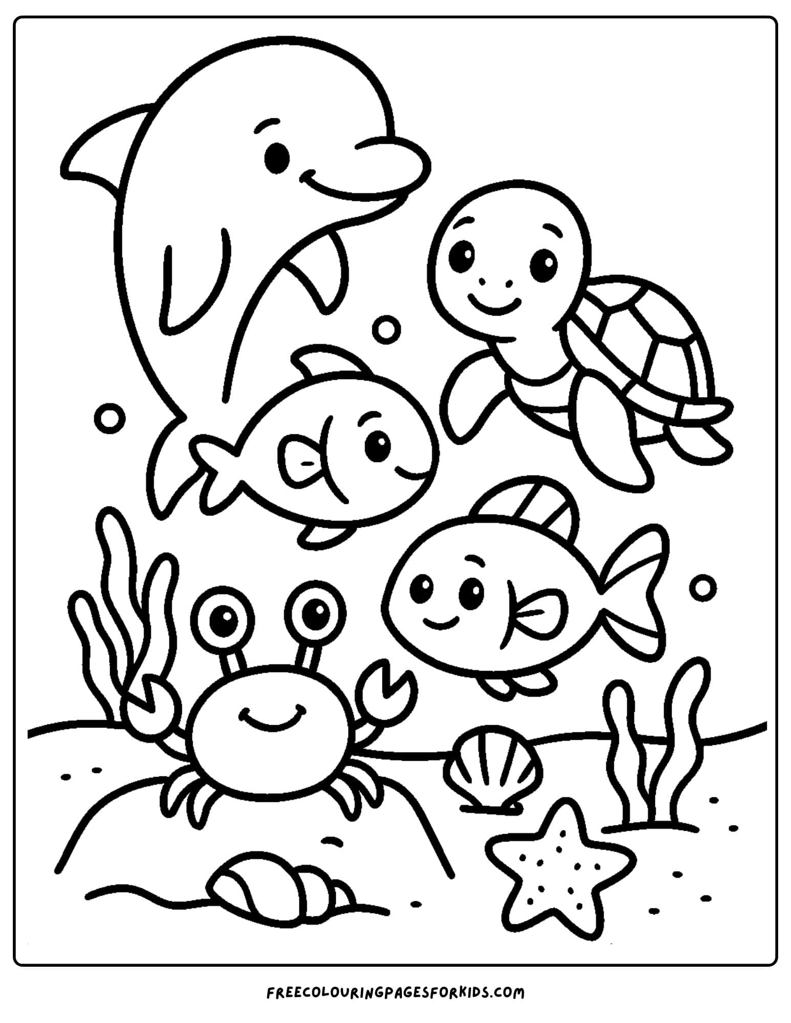 an ocean coloring page featuring a collection of ocean friends