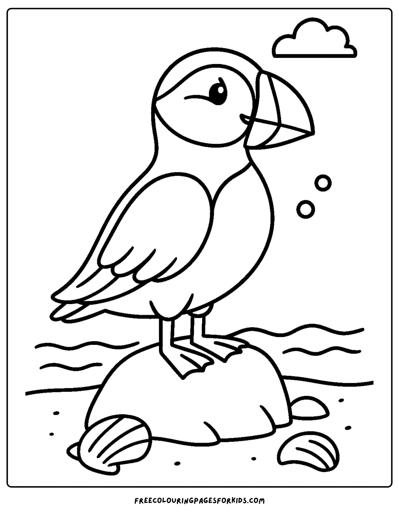 an ocean coloring page featuring a puffin standing on a rock at the beach
