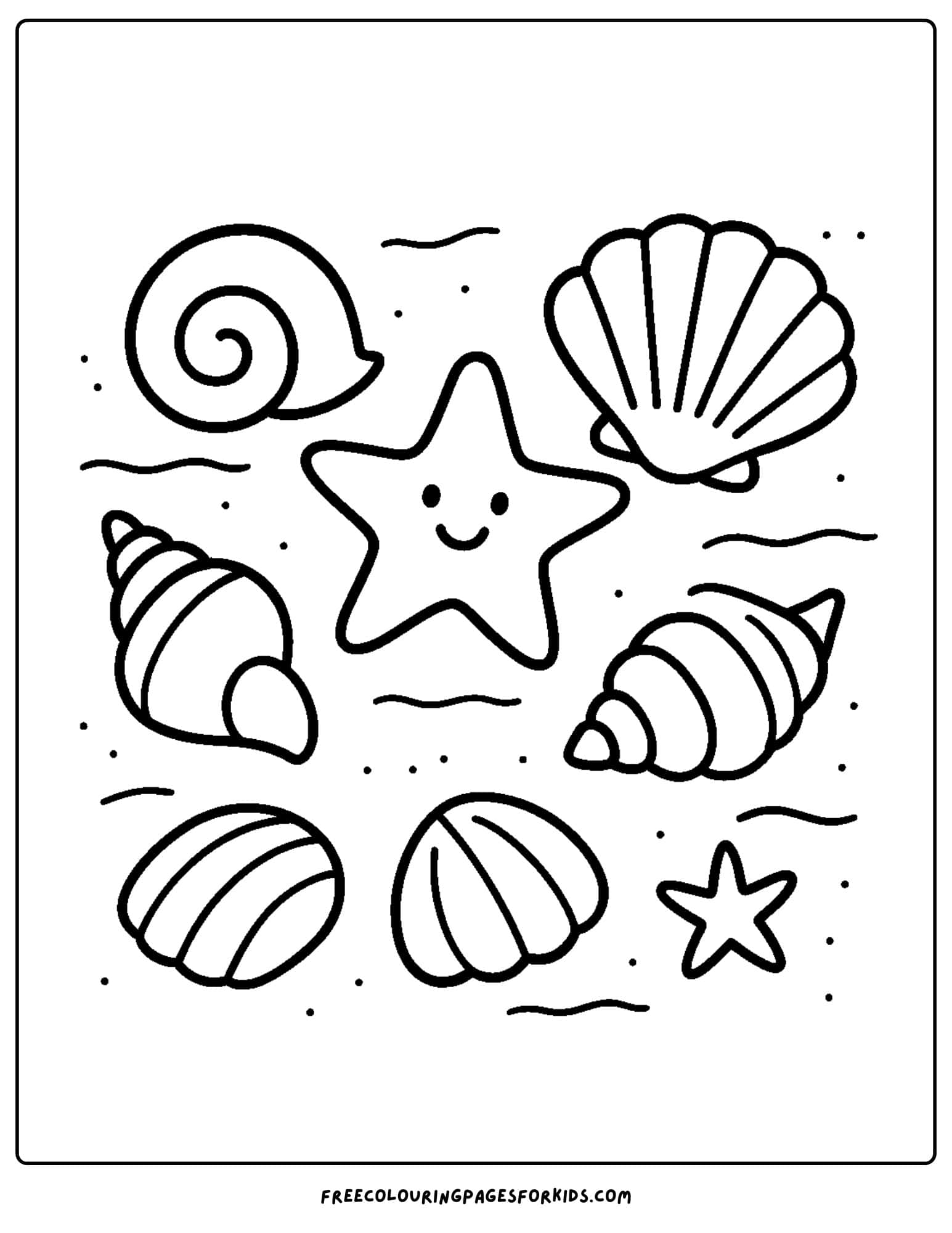 an ocean coloring page featuring a seashells and a starfish