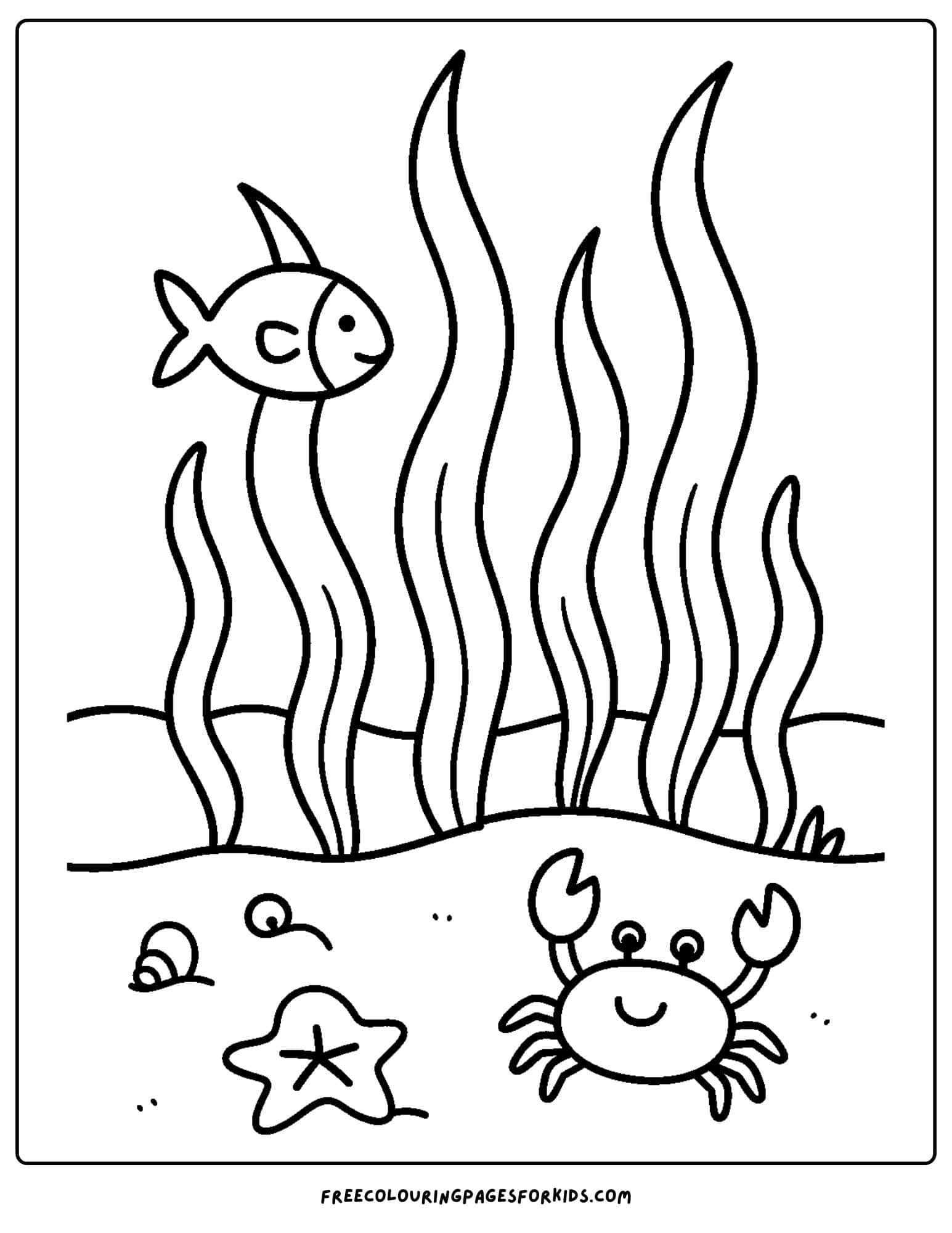 an ocean coloring page featuring a seaweed forest with a crab and fish