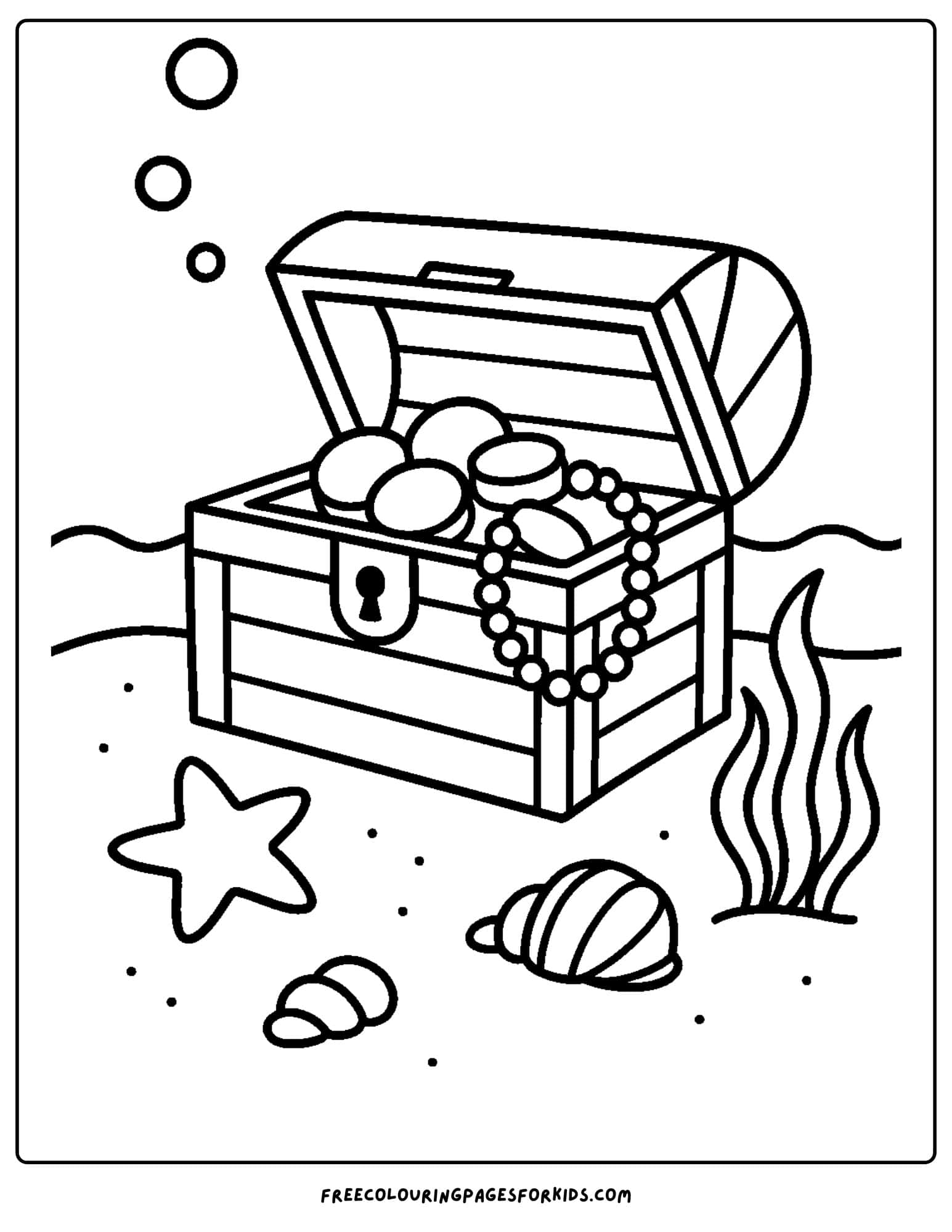 an ocean coloring page featuring an undersea treasure chest