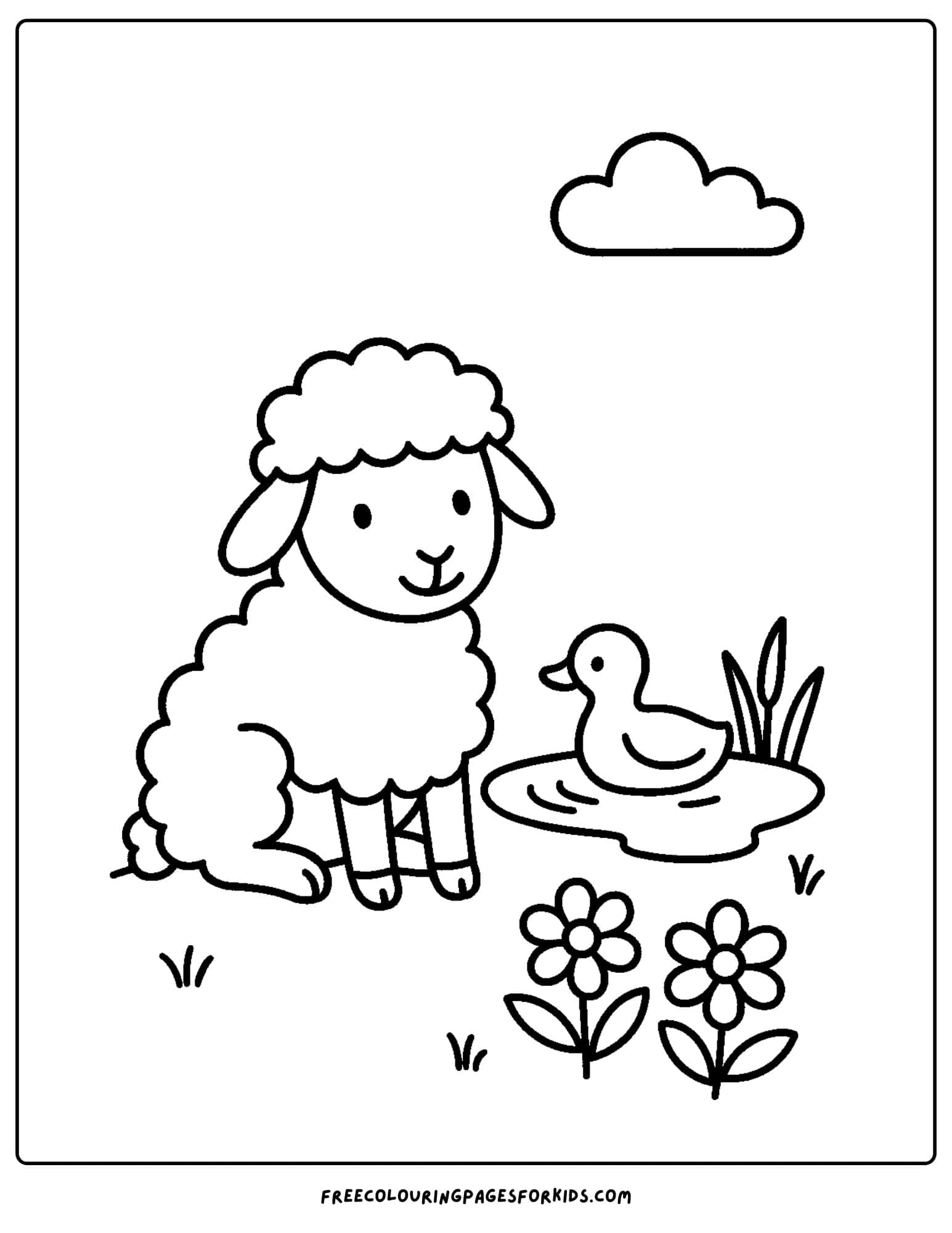a sheep coloring page with a sheep watching a duck in the pond